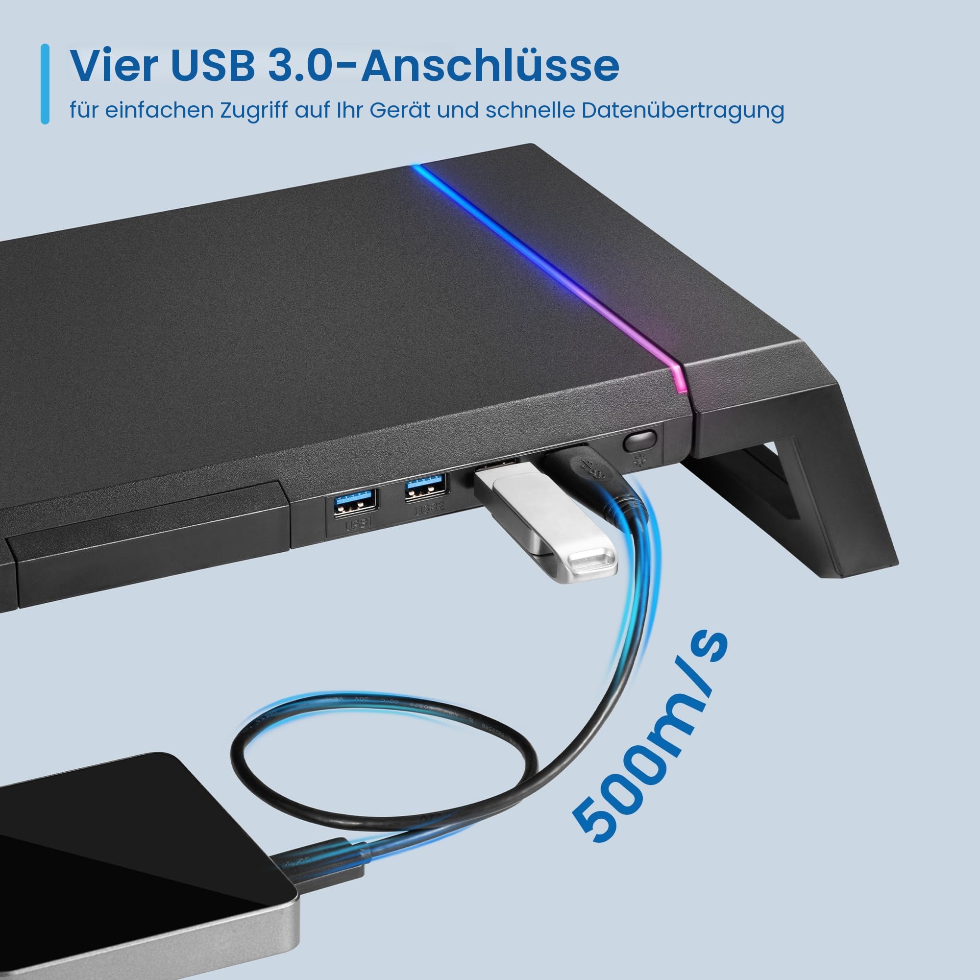 Ewent Monitorständer, RGB Monitor Riser, Klappbar, Smartphone- und Tablet-Halterung mit Ablagefach und 4 USB Anschlüsse, Ergonomischem Druckerständer für Laptop, Computer, Notebook, iMac, PC, Schwarz