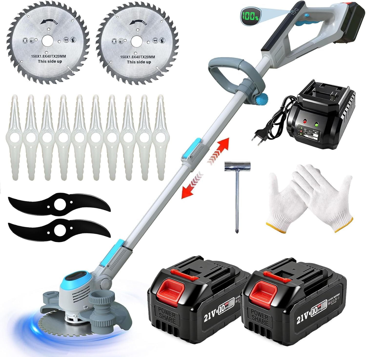 Decespugliatore a Batteria, Tagliabordi a Batteria con 2 Batterie e 3 Tipi lame, 21V Decespugliatore Elettrico,Tagliaerba Elettrico a Batteria, Telescopico, per Giardino Potatura, Grigio