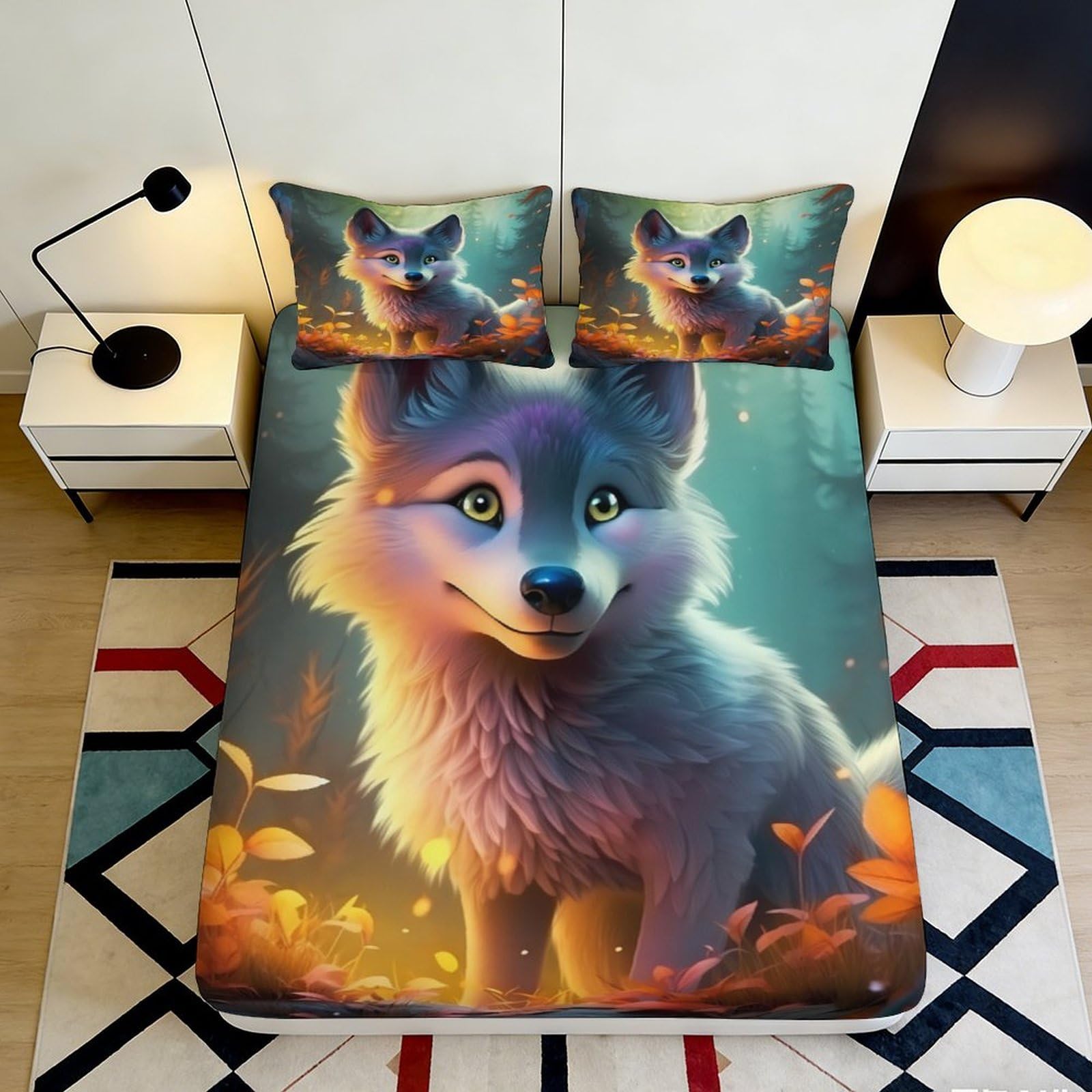 3D Printed Fantasy Wolf Fitted Sheet Microfiber Soft Breathable Forest Animal Bed Cover for Bedroom Dorm Mattress Protection Decor 90x200x25cm