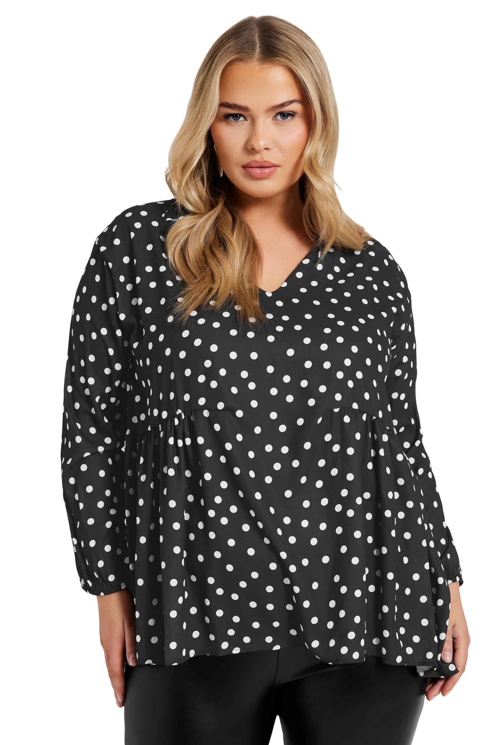 Yours Women's Black London Curve Polka Dot Gathered Side Shirt - Plus Size Curve