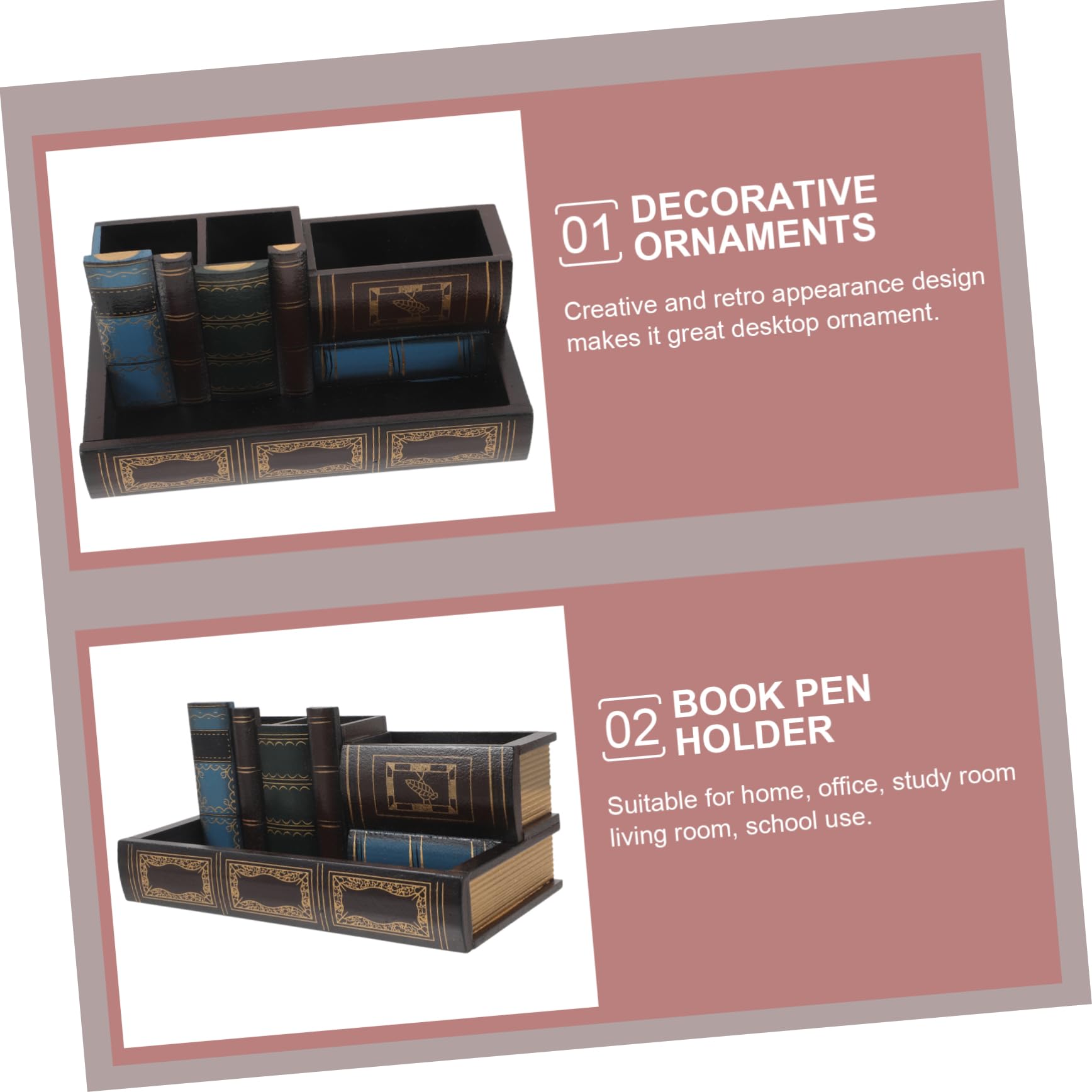 Porte-stylo Livre Rétro en Bois Tiroir, Rangement Compact