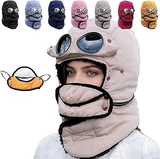 Winter Thermal Hat with Glasses, 4 in 1 Winter Warm Fleece Windproof High-Definition Goggles with Mask Neckband for Adult