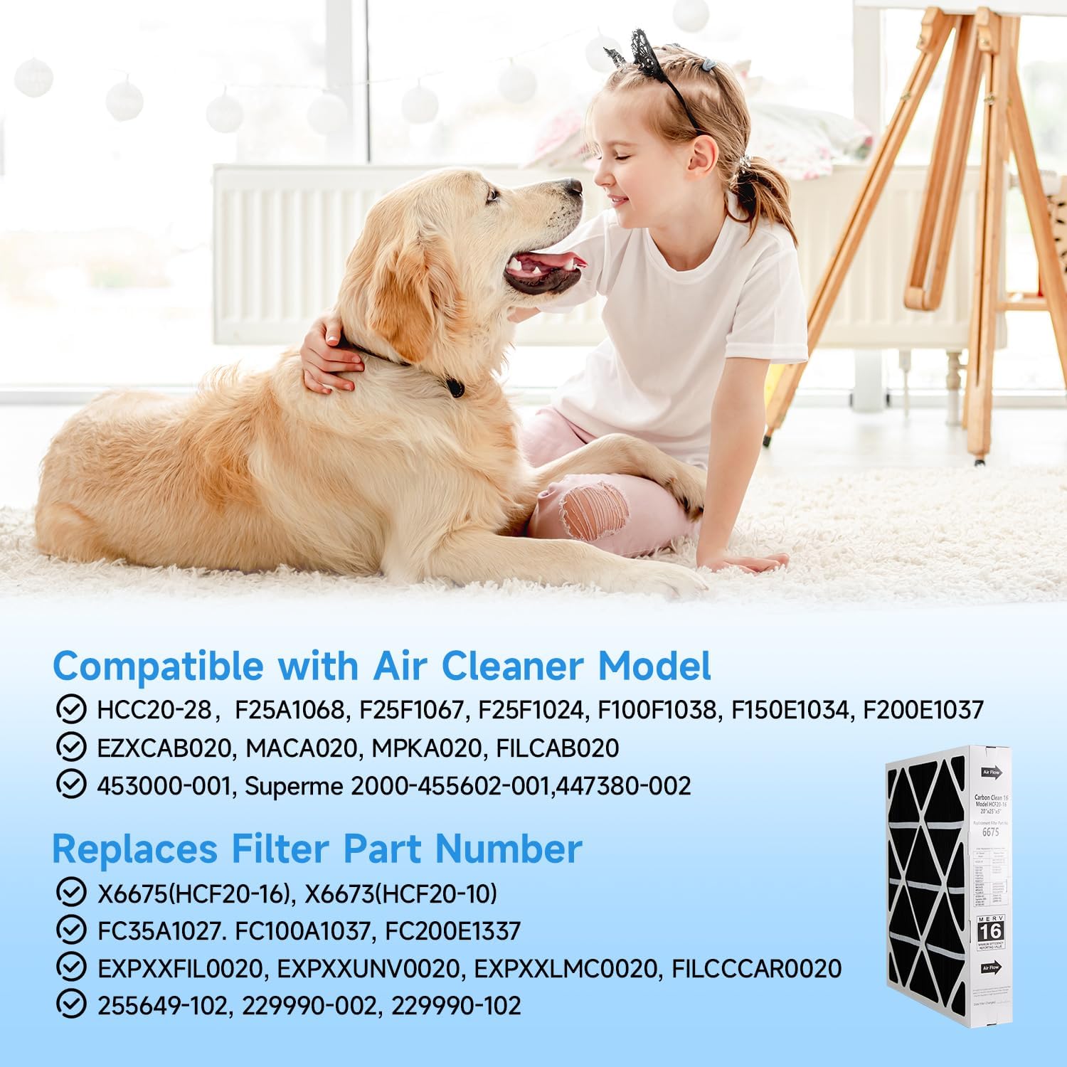 2 PACK 20x25x5 Air Filter, X6675 MERV 16 Expandable Carbon Efficient Furnace Filter Compatible with Lennox X6675 and Lenxox HCC20-28 Furnace HVAC System (Actual Size: 19.7 x 24.8 x 4.4 In)