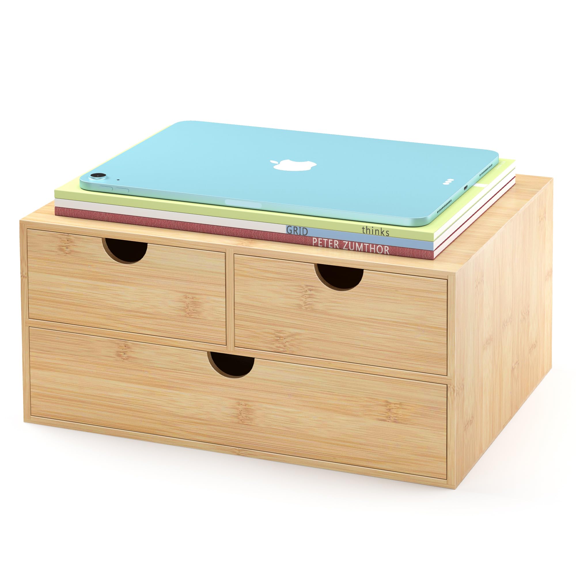 Photo 1 of Bamboo Desk Drawer Organizer, Large Desktop Organizer with Drawers Tabletop Storage Organization Box for Office Home Toiletries Supplies Vanity, No Assembly Required (L-3 Drawers)