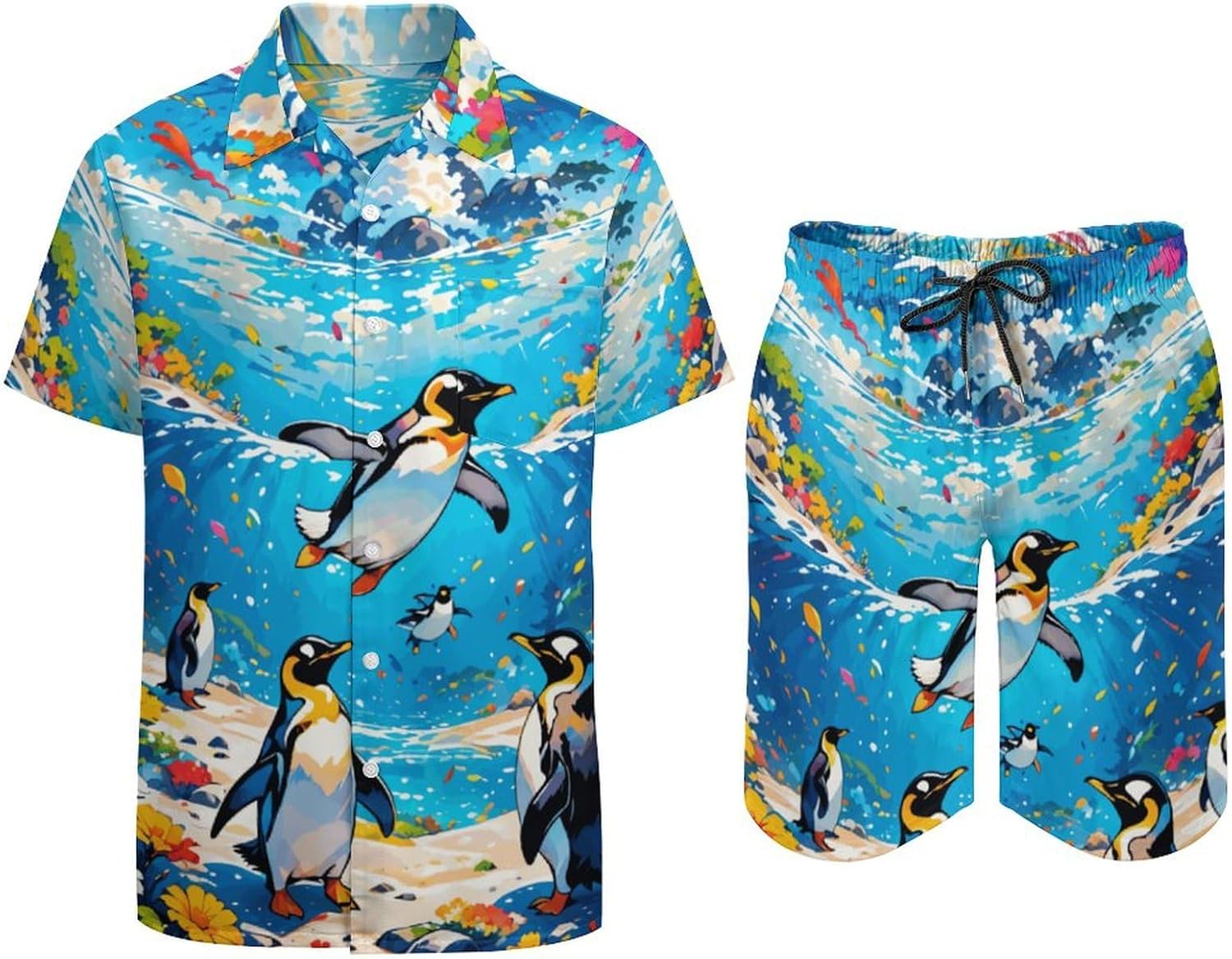 Men's Sharks Pattern Short Sets Outfits 2-piece Summer Short Sleeve Shirt And Shorts Set Classic Sport Suit