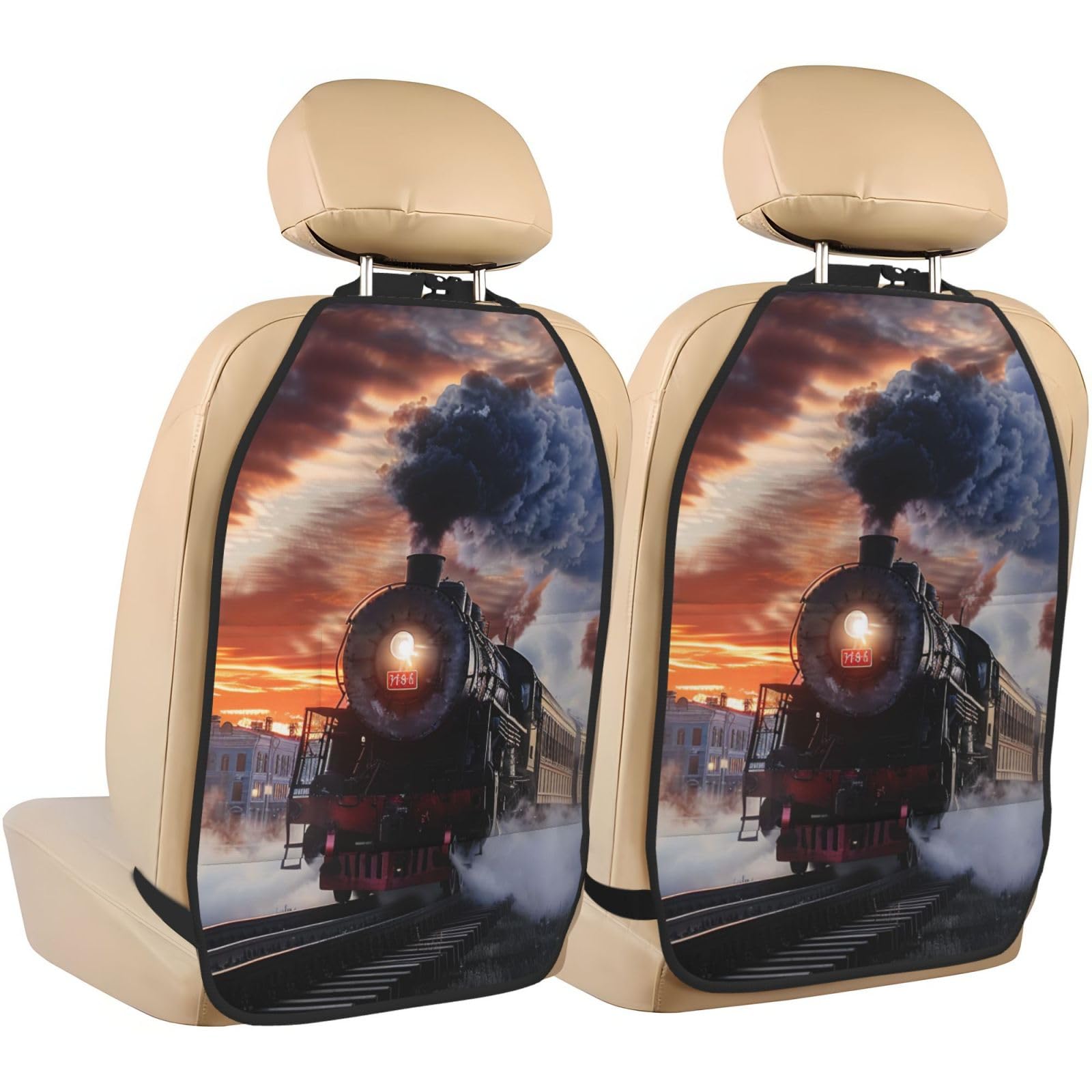 JTNWEC Steam Train Depart Sunset Print Car Seat Kick Mats with Organisers 2 Pack Backseat Protector Seat Covers for Your Car, SUV, or Truck