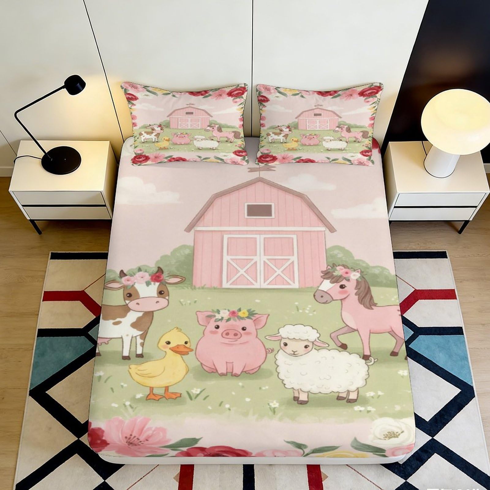 3D Printed Farm Animals Fitted Sheet Microfiber Pink Barn Bed Sheet for Bedroom Guest Room Decor Protector 90x200x25cm