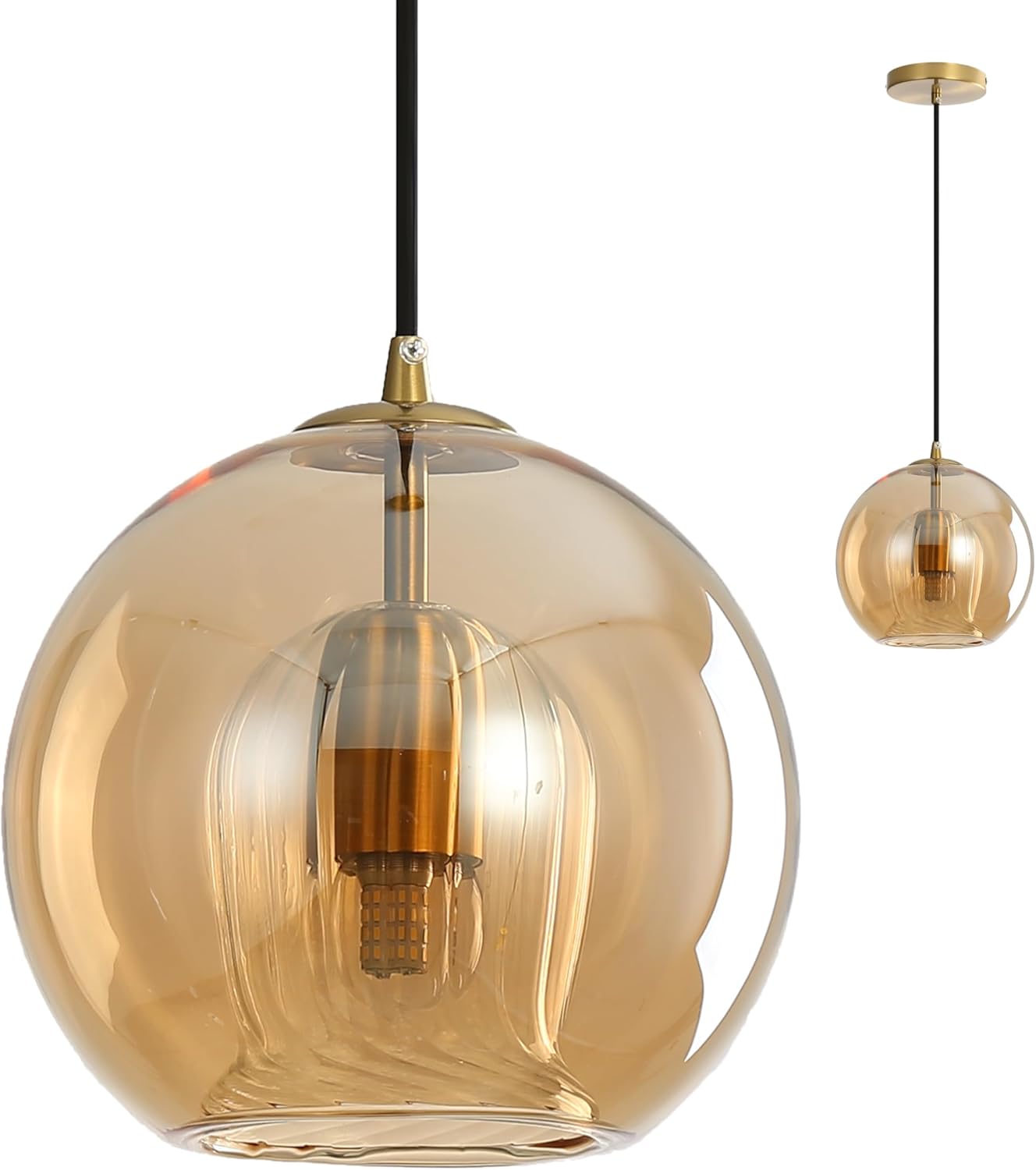 Modern Glass Globe Pendant Light with Gold Socket, E26 Industrial Hanging Lamp, Kitchen Island Ceiling Light for Dining Rooms, Living Rooms, Staircases (Amber, 20CM)
