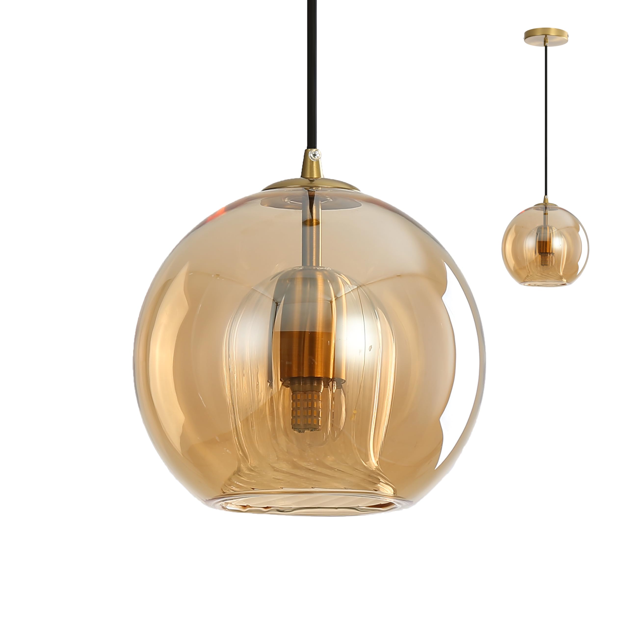 Lampadario a Globo in Vetro Moderno e Base Dorata, E27 Lampada a Sospensione Regolabile, Industrial Lampada da Soffitto per Isole Cucina, Soggiorni, Camere da Letto (Ambra, 25CM)
