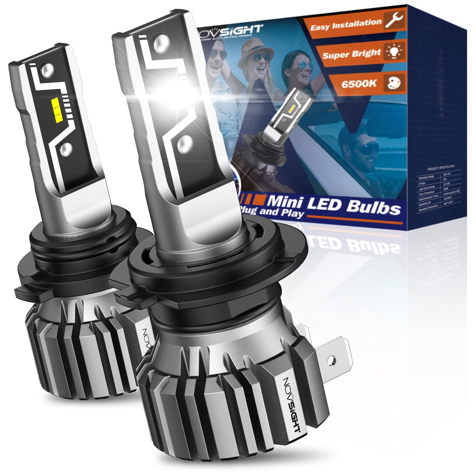 Photo 1 of NOVSIGHT H7 LED Light Bulbs - 40000LM High Efficiency 500% Brighter, 1:1 Mini Size No Adapter Required, Fanless Silent Design, 50000 Hours Lifespan, Pack of 2