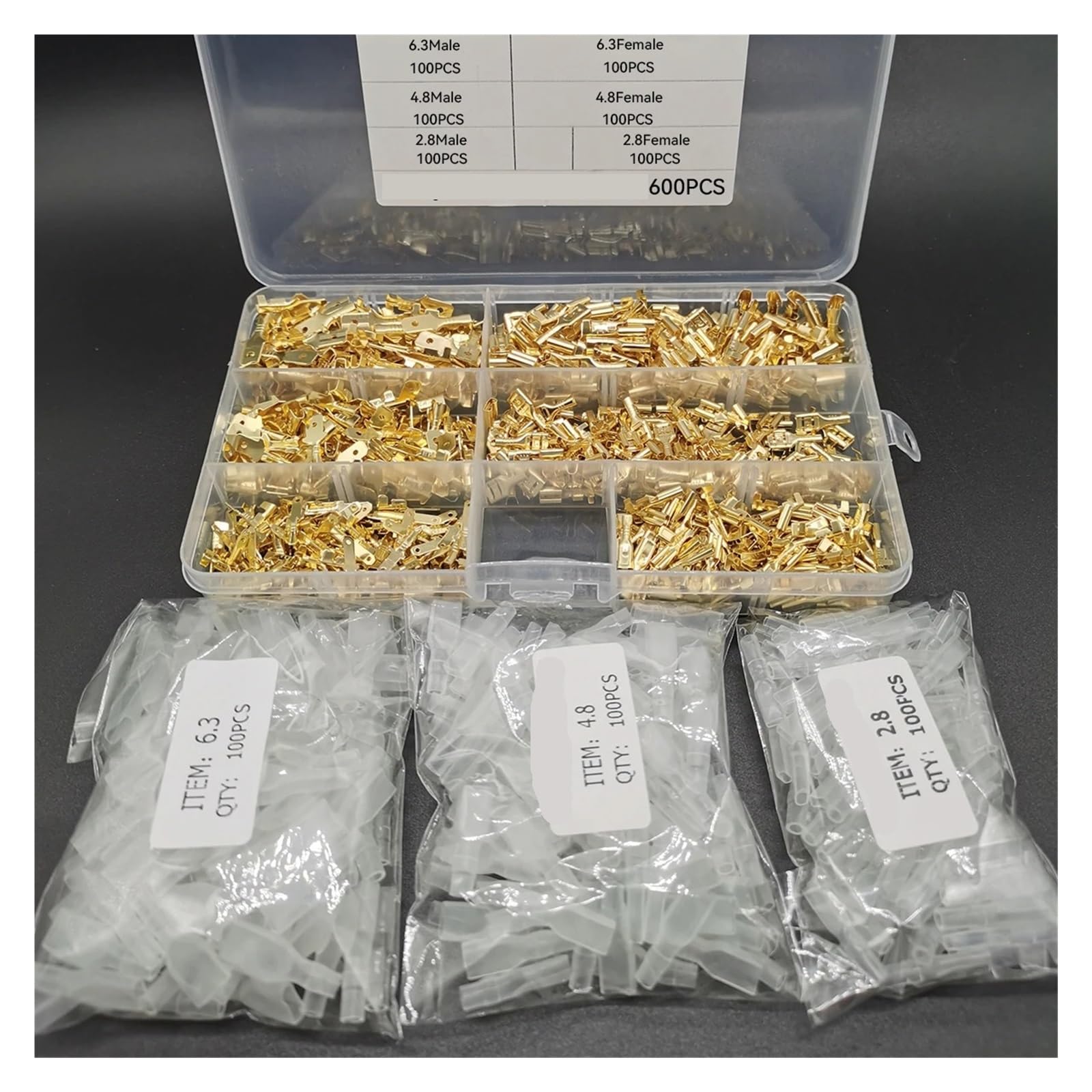 900Pcs Gold 2.8/4.8/6.3mm Male and Female Spade Quick Connectors Wire Crimp Terminal Block with Insulating Sleeve for Electrical(1000PCS)