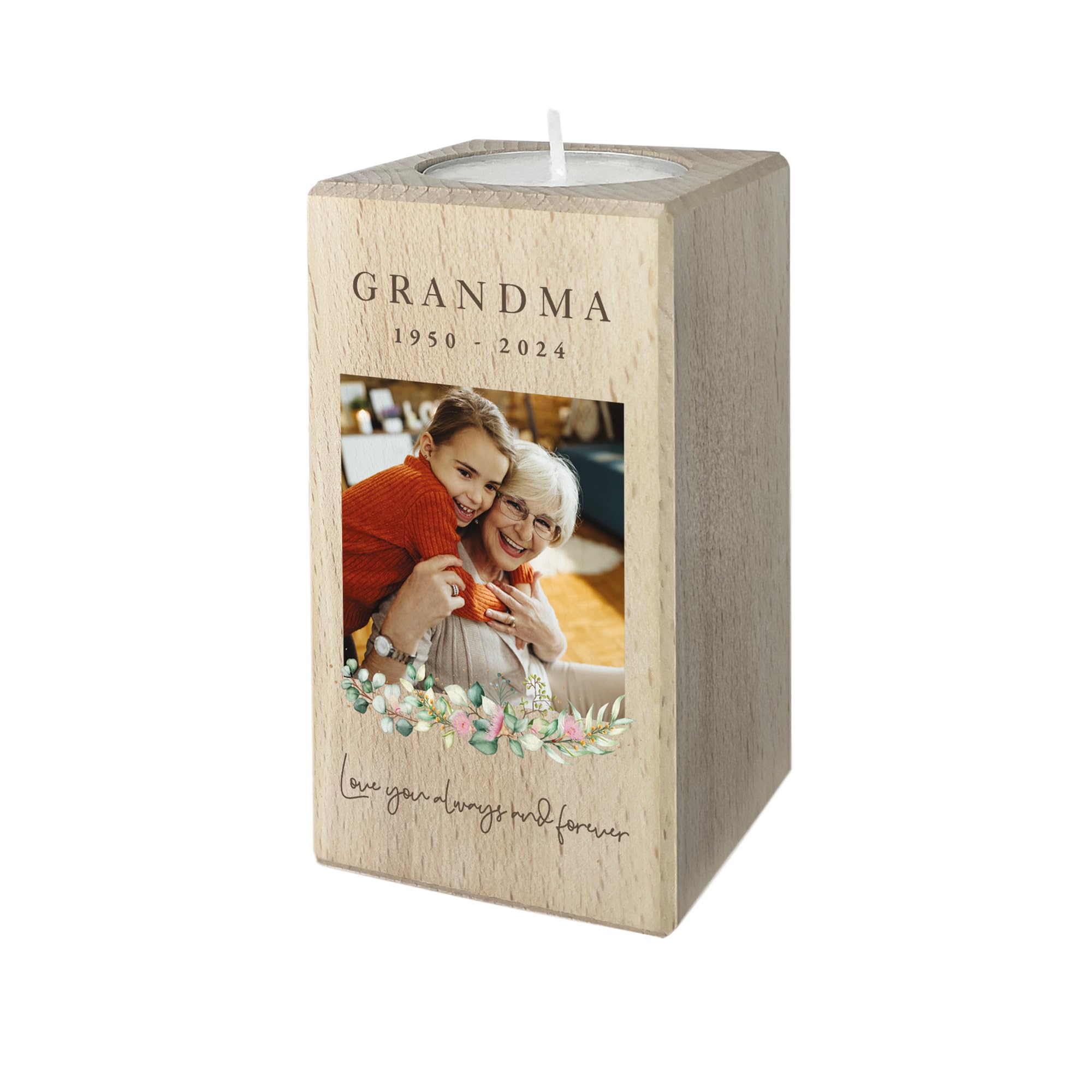 The Lovely Keepsake Company Light Personalised Floral Memorial Wooden Tea Holder - Sympathy Gift For Loss Of Mum, Dad, Grandma, Grandad | 10Cm H X 5.5Cm W X 5.5Cm D