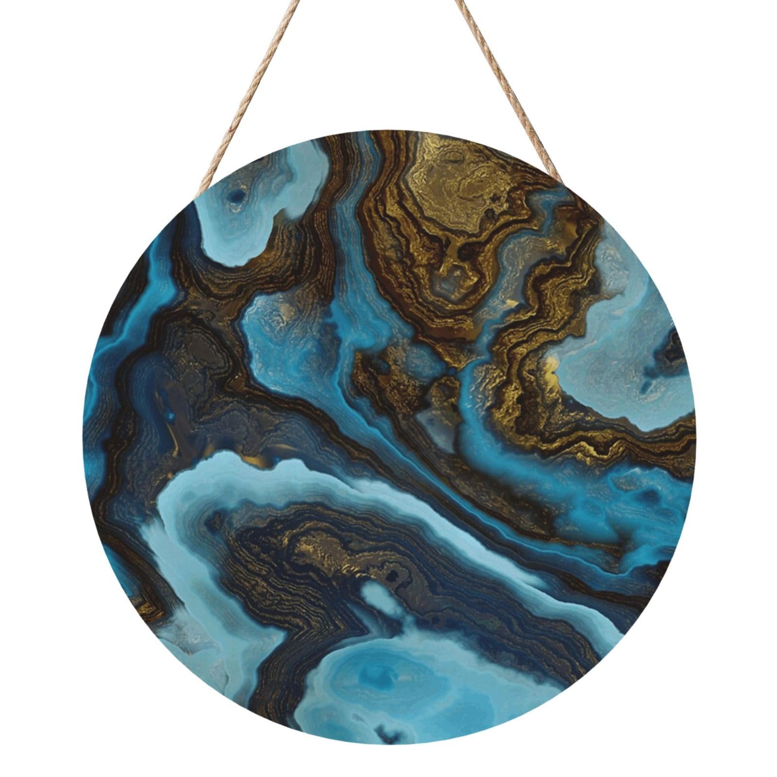 InOmak Abstract Liquid Marble Blue Golden, Round Wood Panel Painting 12 in, Wall Hanging Painting For Home