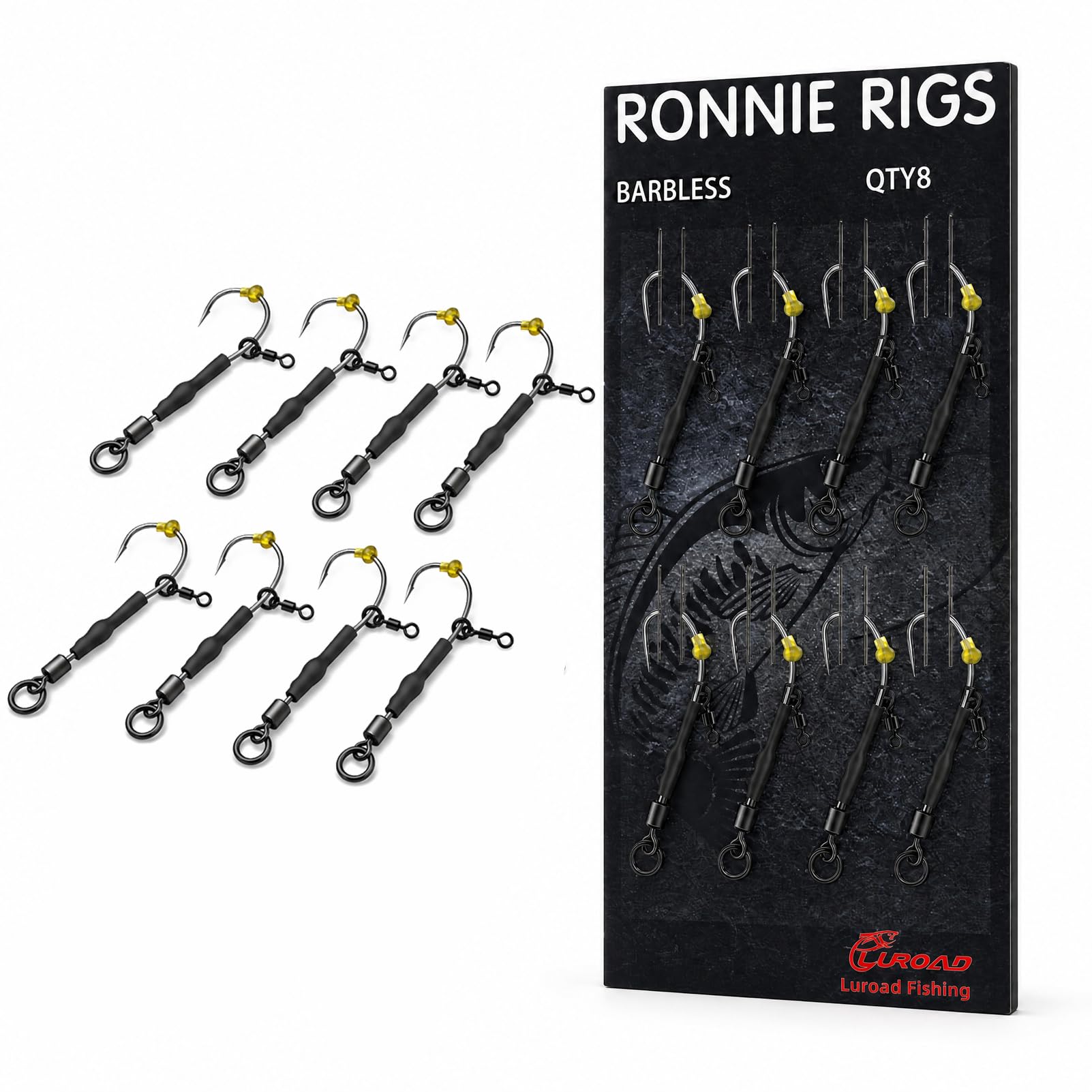 Pack of 8 Barbed Carp Fishing Hair Rigs, Curved Barbed Ronnie Rigs with Swivel, Ready-to-Use Fishing Tackle, Hook Size 8, for Freshwater Fishing