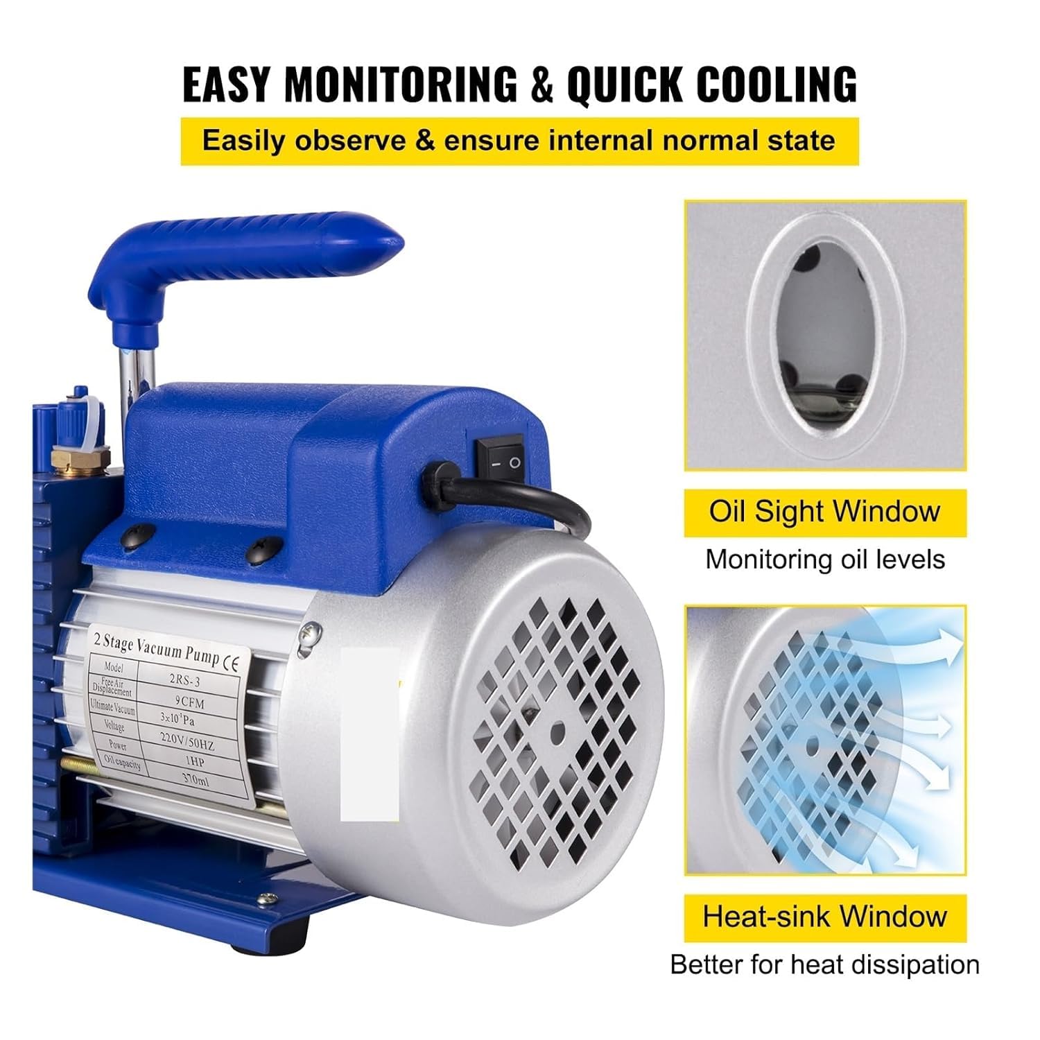 Pompa per vuoto HVAC a doppio stadio da 6 CFM, vuoto massimo di 0,3 Pa, strumento per aria refrigerante per la manutenzione di condizionatori e auto. (9CFM1HP)