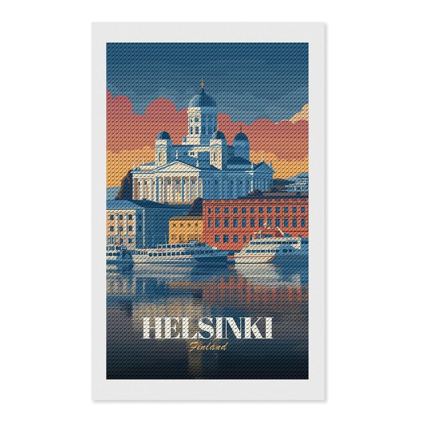 Junmoney Helsinki, Finland Cityscape Illustration Diamond Art Kit 12"x20", Holiday Gift Idea, for Women, Easy Handmade Project, Vintage Style Decor, Printed Canvas