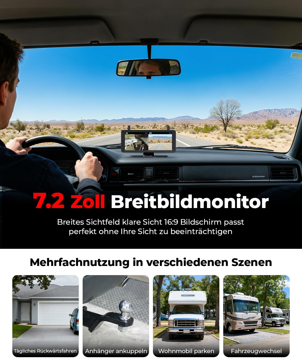 Zwei Solar Rückfahrkamera Kabellose Magnet 7,2 Zoll 1080P Dual Channel Monitor DVR Aufnahme Dual Rückfahrkameras Wohnmobil Camper Anhänger