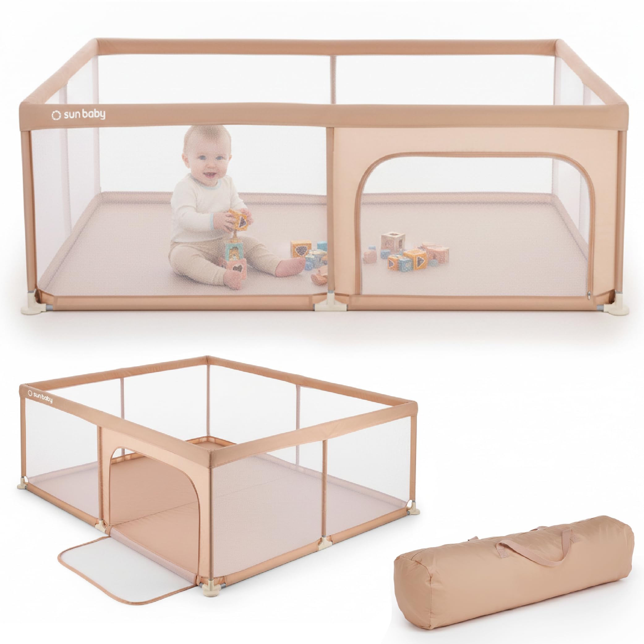sun baby Parque Infantil 150x200 cm 0-2 años Salmón, poliéster, paredes de malla, entrada con cremallera, pies antideslizantes, bolsa incluida, estructura metálica