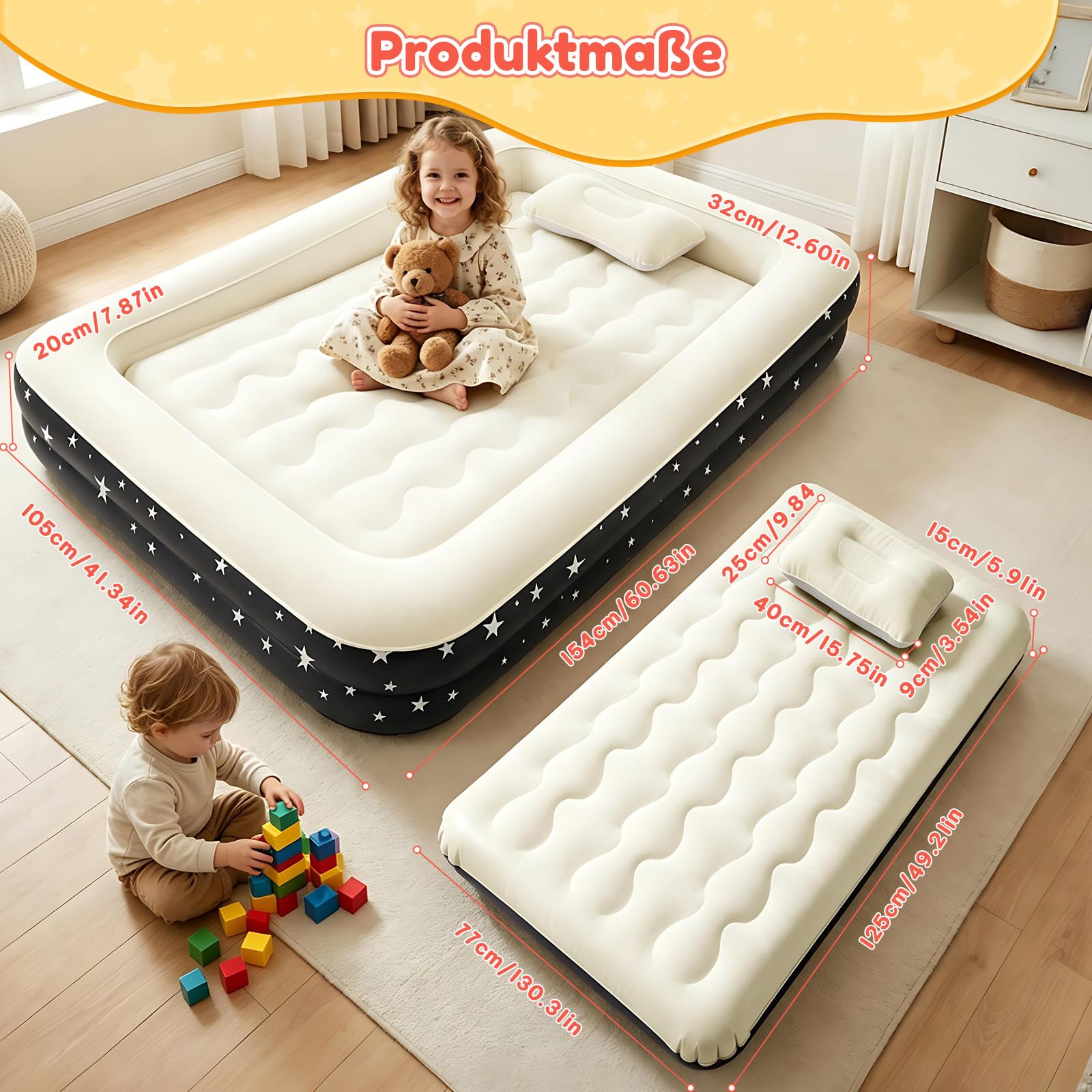 IEEILULU Luftmatratze Selbstaufblasend, Luftbett 1 Personen mit Integrierter Pumpe, Beflocktes Luftbett Tragbare Luftmatratze für Kinder, Aufblasbares Reisebett Kinder Reisen, Camping155 x 105 x 32 cm