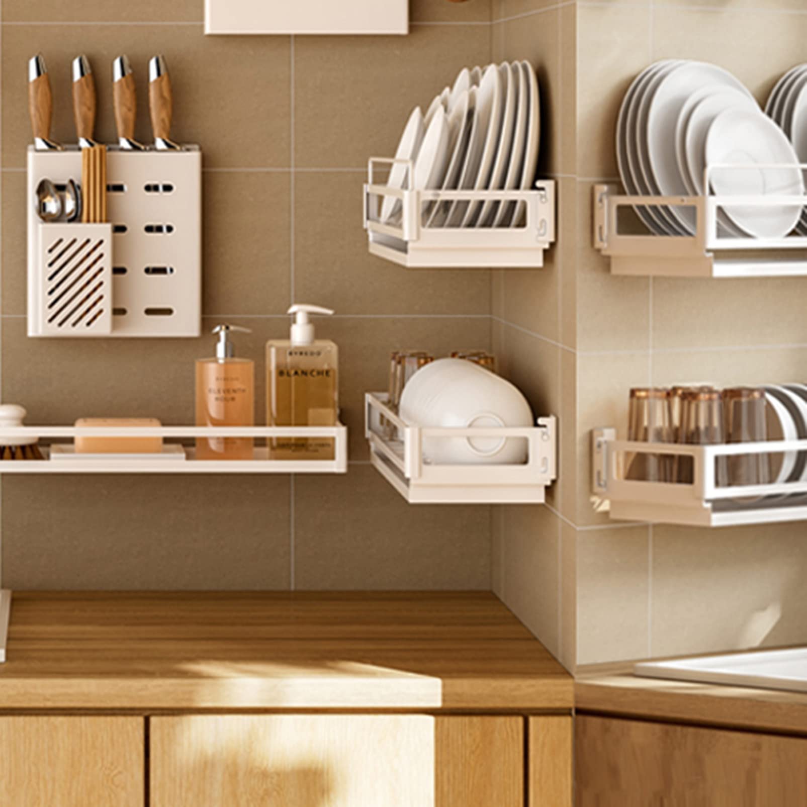 Escurridor De Platos De Pared, Soporte Para Utensilios, Organizador De Estantes Para Utensilios De Cocina, Soporte Para Tazones, Estante De Almacenamiento De Platos De Acero Inoxidable Con Bandeja De