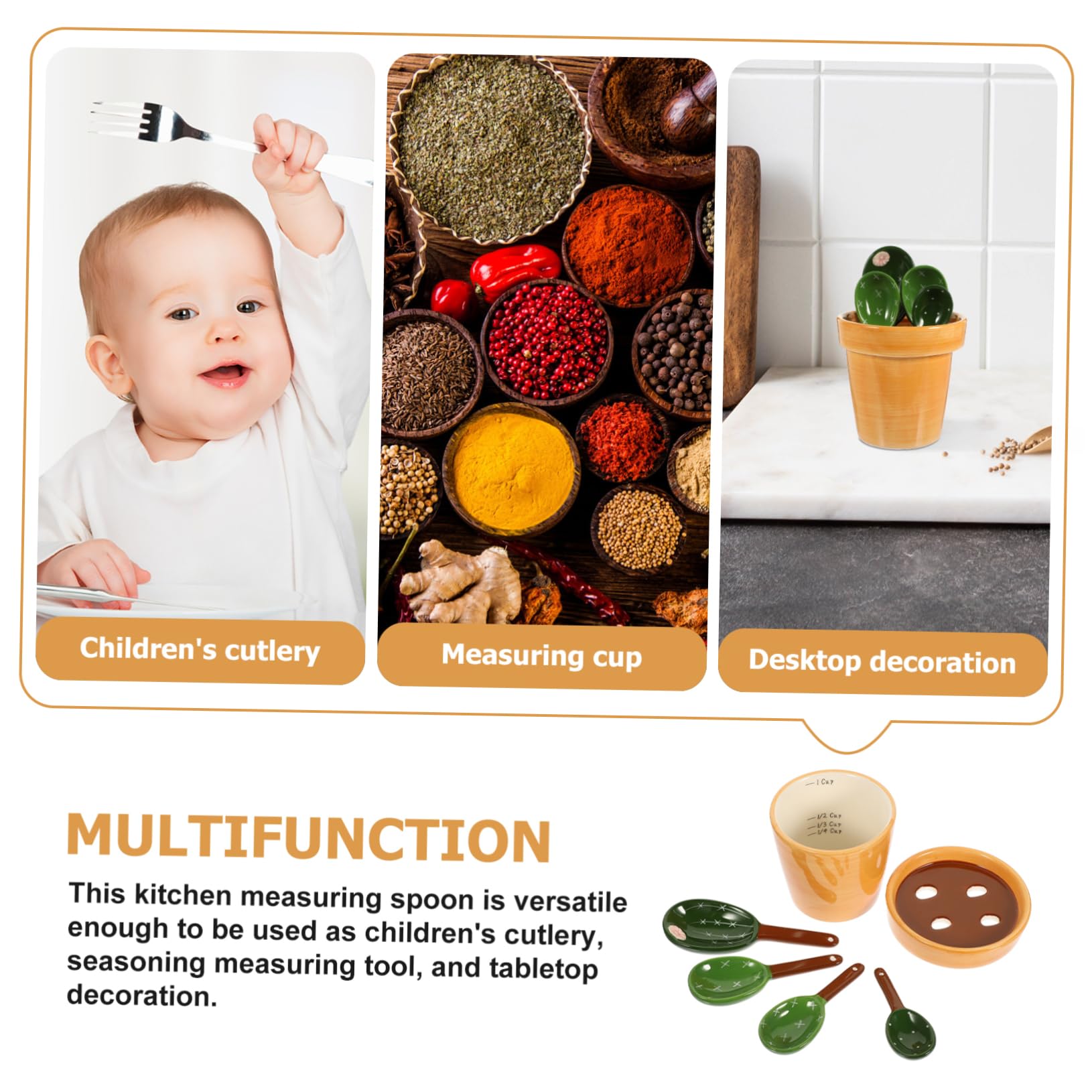 PRETYZOOM Juego de Cucharas Medidoras Forma de Cactus y Maceta de Cerámica Capacidad 290ml, Soporte para Ingredientes Secos y Líquidos en Cocina