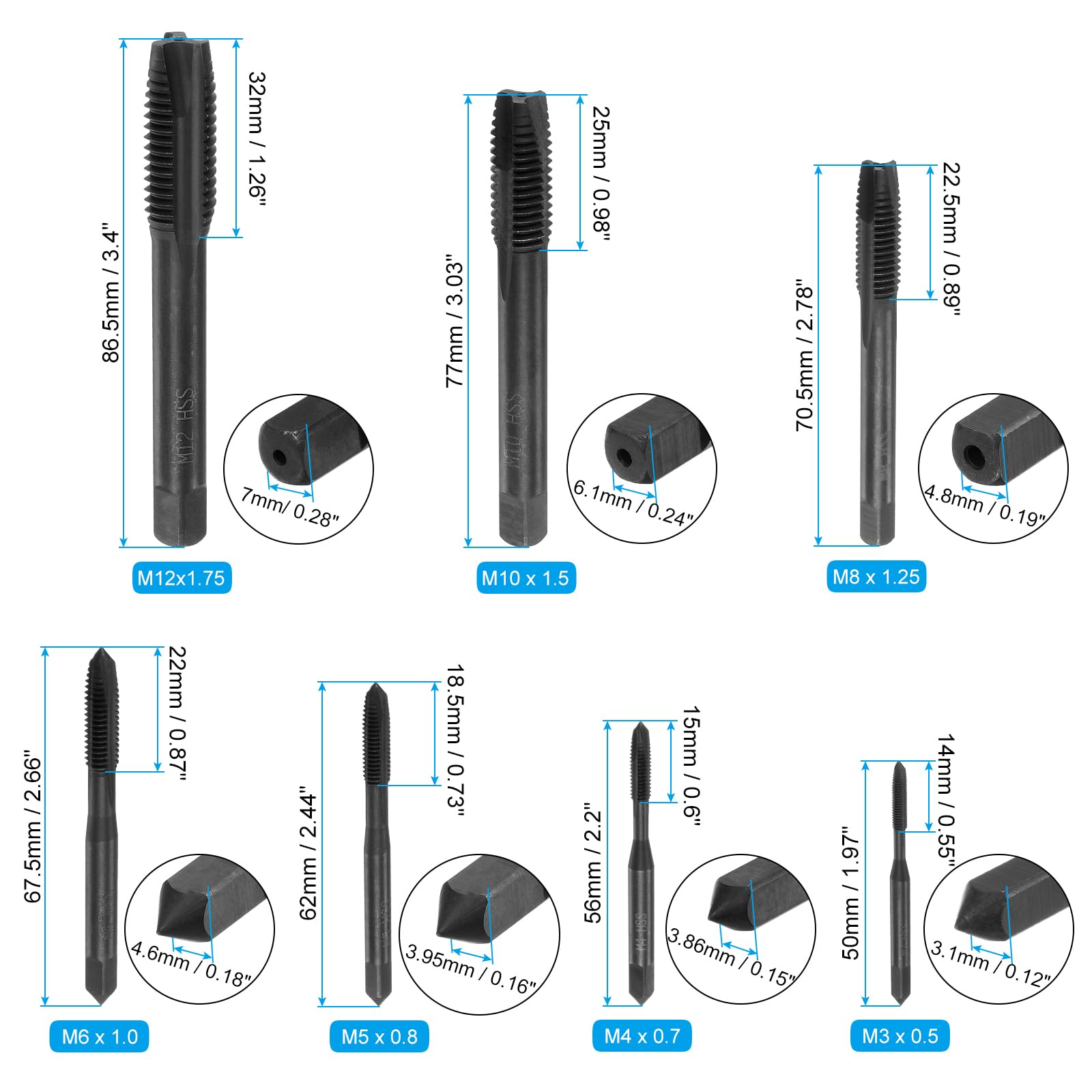sourcing map Lot de 7 tarauds filetés à pointe en spirale M3 M4 M5 M6 M8 M10 M12 en acier rapide 6542 Outil de réparation de taraudage