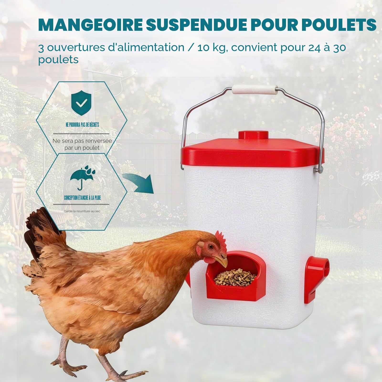 Lot Mangeoire et Abreuvoir Automatique pour Poules, Mangeoire Anti-Gaspillage 10 kg, Abreuvoir 11 L à Niveau Automatique, Étanche et Résistant UV, avec Tuyau d'Arrosage et Accessoires de Montage