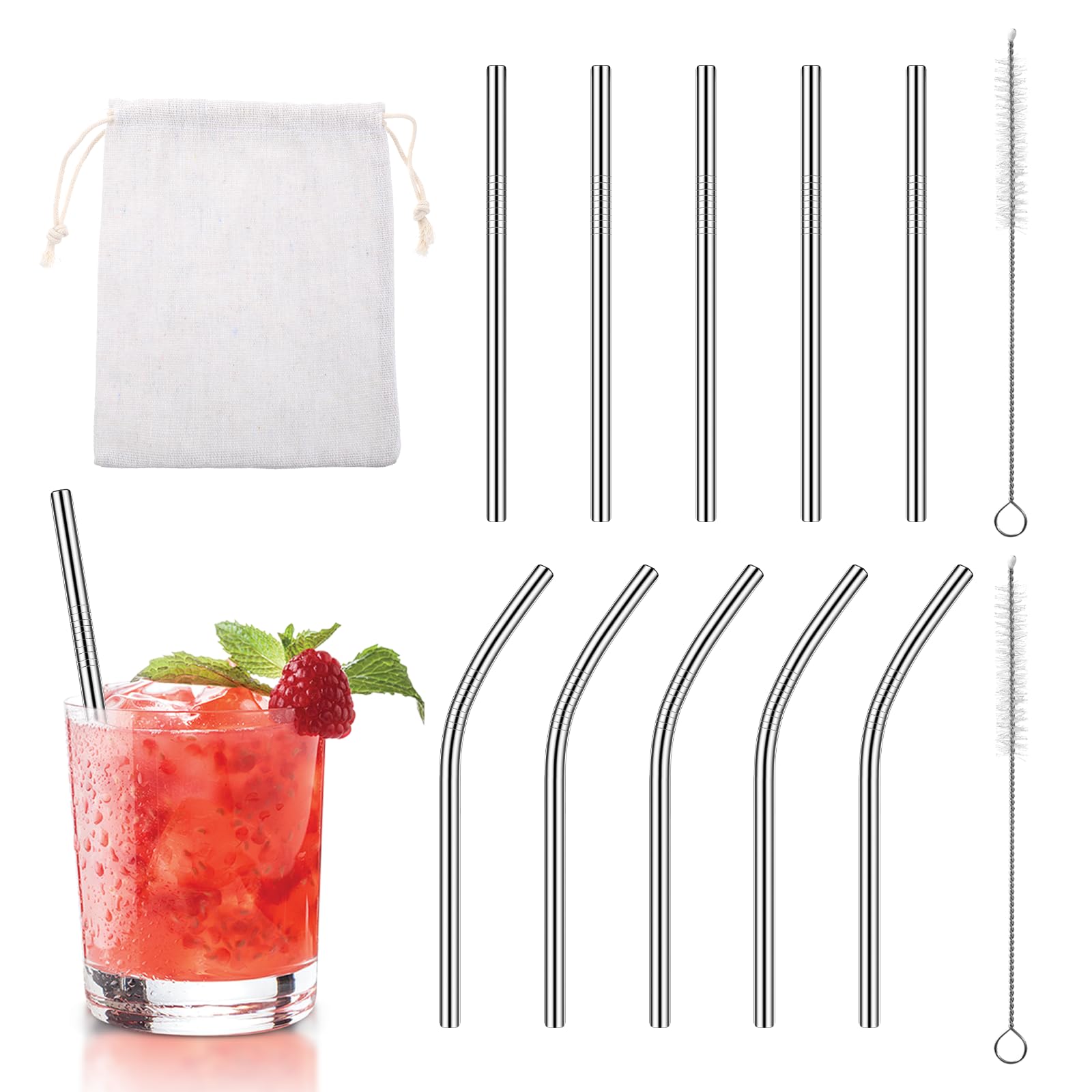 Photo 1 of 10 Pack Short Metal Straws Reusable Stainless Steel Straws 5 Straight 5 Bent 5 Inch Cocktails Straws Drinking Straws with 2 Cleaning Brush for Coffee Mugs, Small Glasses or Cups