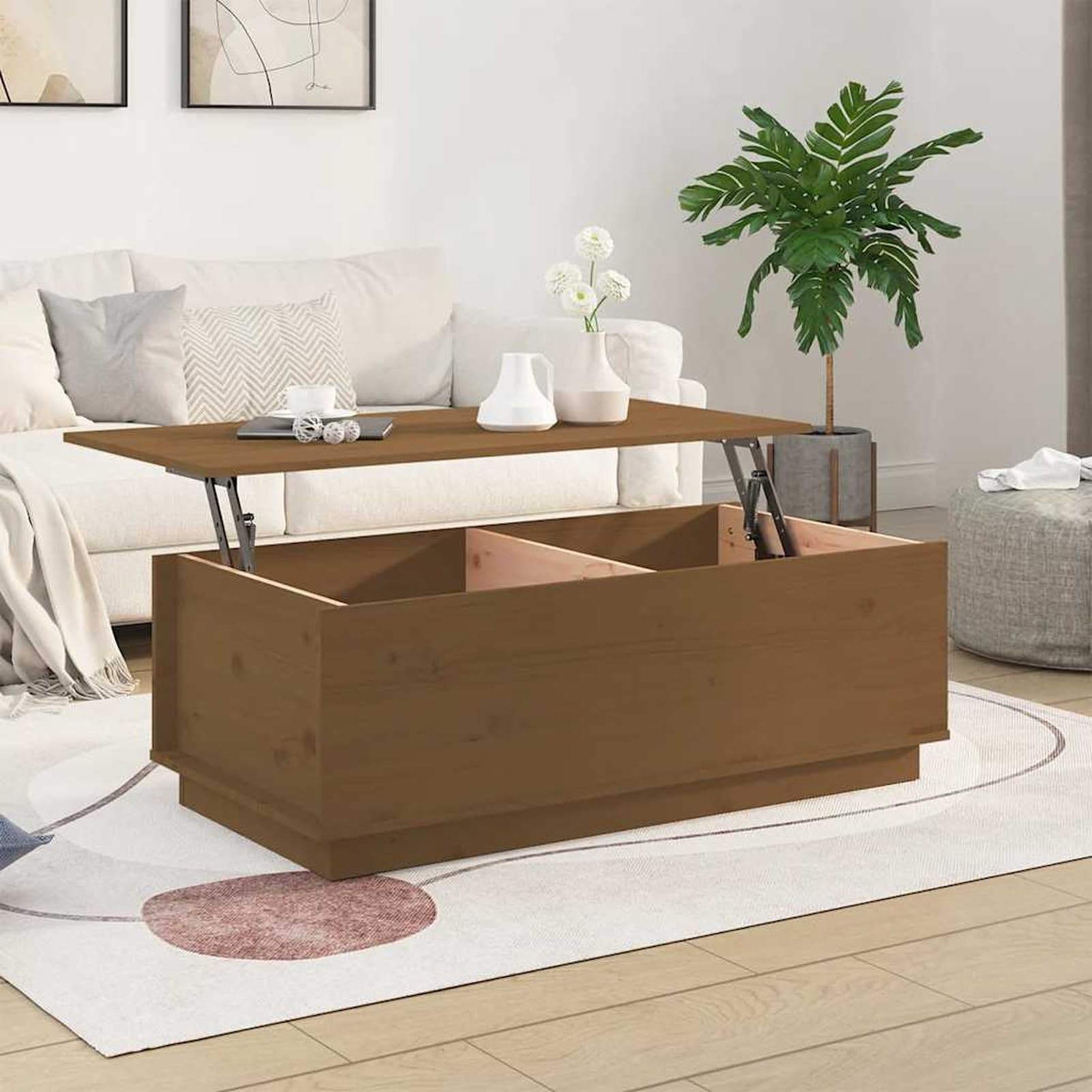 Gecheer Mesa de Centro Elevable,Mesita de Salón o Comedor, Modelo LC,Modern Mesa de Centro elevable Mesa Auxiliar Mesa de Café Versátil con Almacenaje Mesita de Salón de Pino marrón Miel 100x50x35 cm