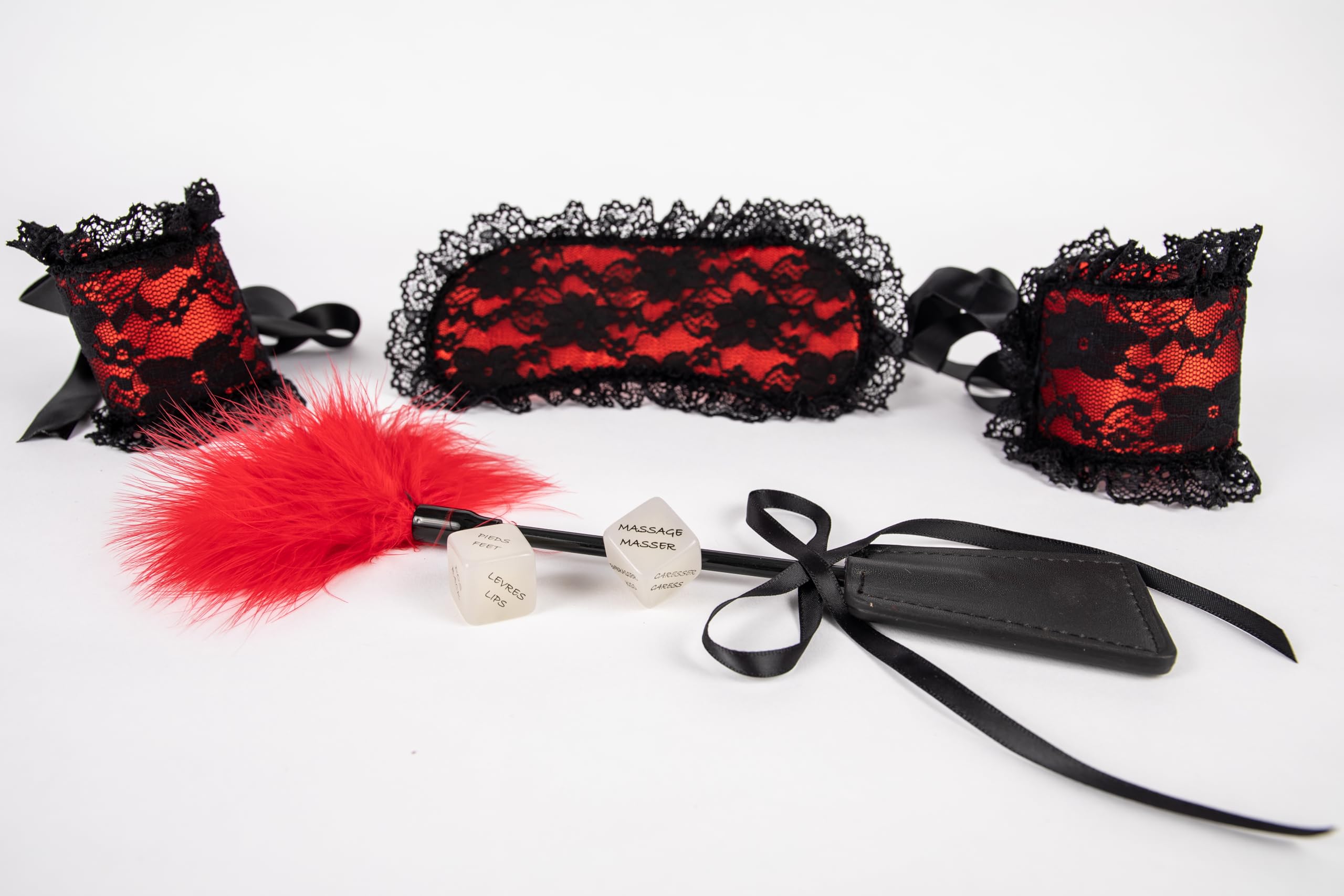 Kit Sensuel,Érotique Jeux de Bondage Soft en Dentelle Rouge et Noir, Couple Sexuelle,Jeux Adulte + set de 2 dés Phosphorescents en Français/Anglais,BDSM,SM,Couple Préliminaire,Intime,Sex