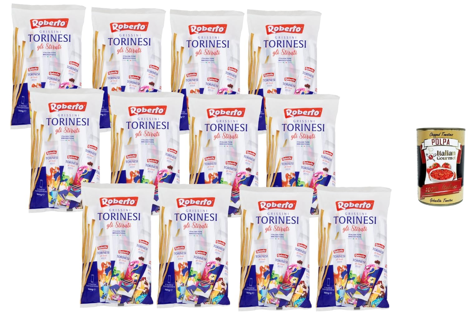 Italian Gourmet Roberto Grissini Torinesi gli Stirati 12 x 350 g – Gressins Italiens Étirés et Croustillants – Boulangerie Italienne – Lot Familial + Italian Gourmet Polpa de Tomates 400 g