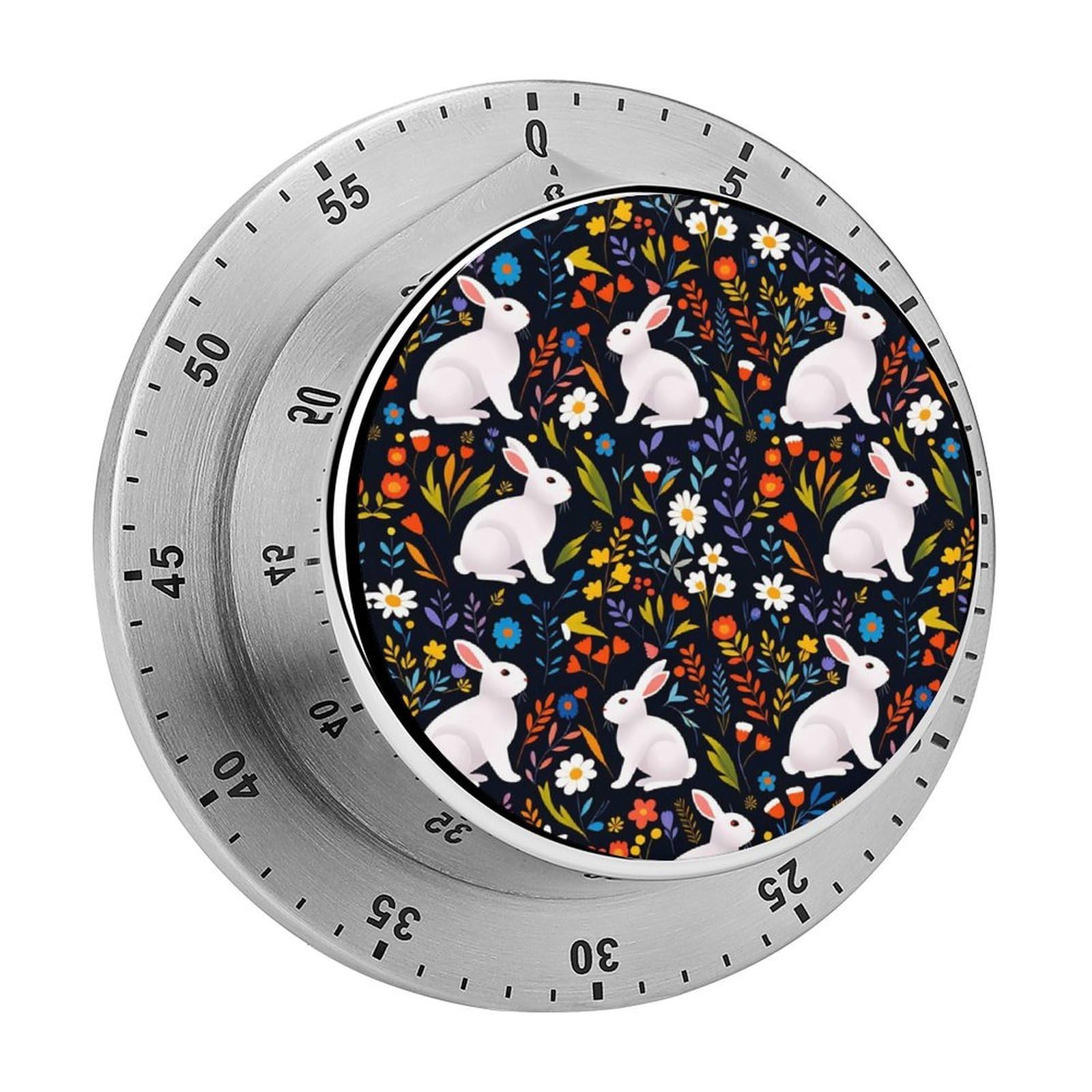 White Rabbit Bunny and Colorful Flower 60 Minute Wind Up Timer,Visual Mechanical Magnetic Timer with Loud Alarm for Kitchen