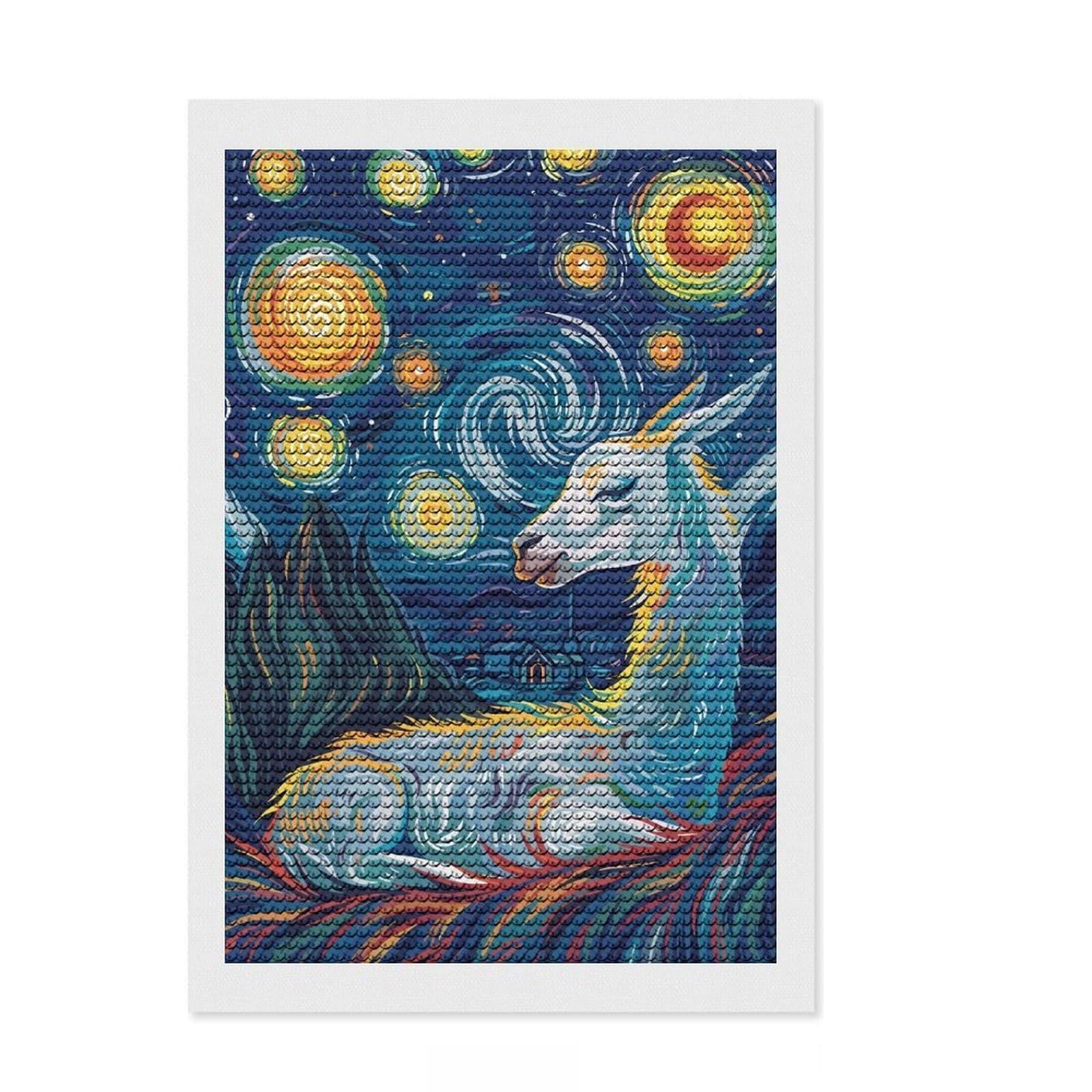 Junmoney Llama in Starry Night Style Diamond Style Art Kit 8"x12", Round Gems, Mindful Craft Project, Thoughtful Present, Aesthetic Room Decor