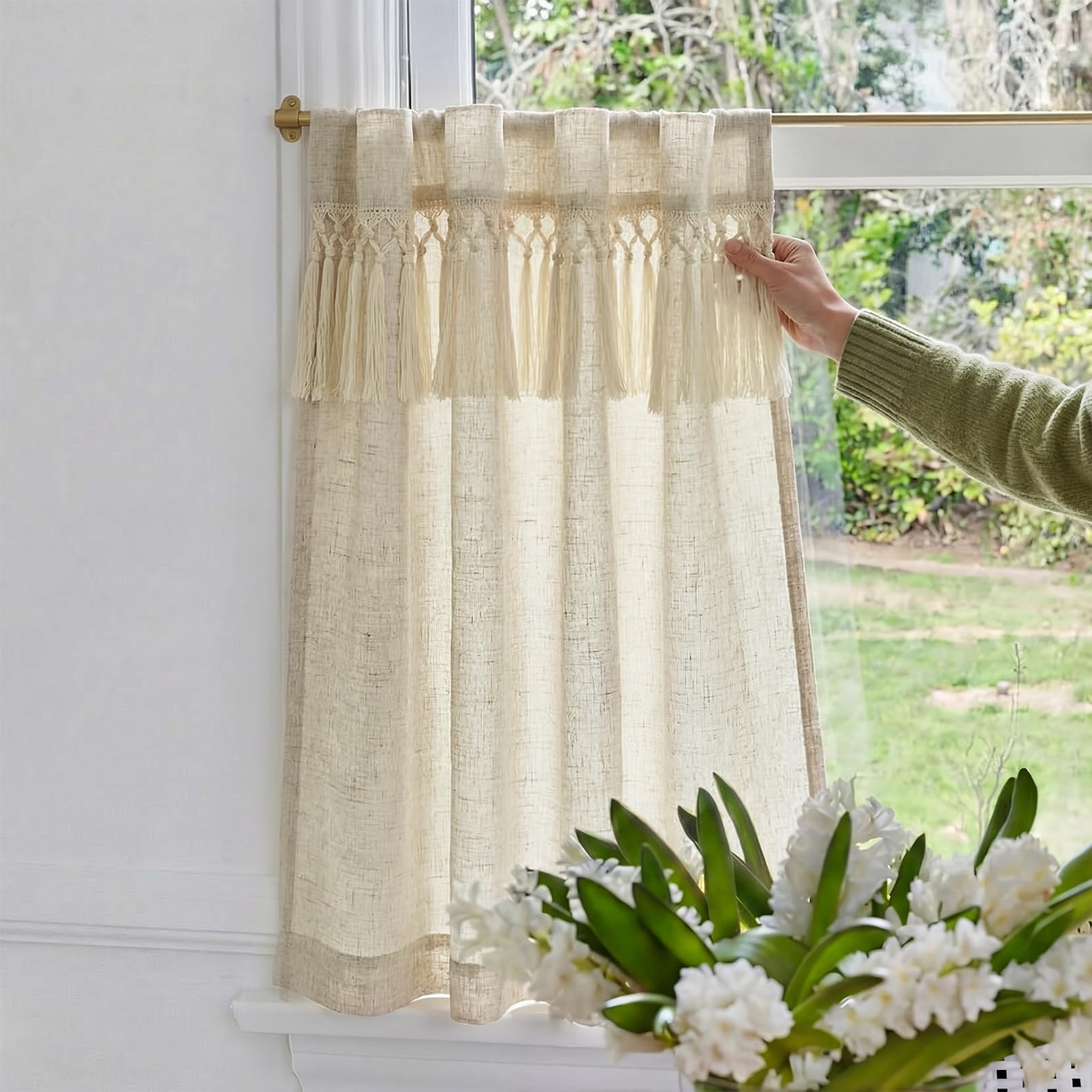TOPICK scheibengardinen landhausstil küchengardinen leinenoptik Wohnzimmer bistrogardinen Lichtdurchlässig Beige Gardinen Kurz 1er Set H90xB125 cm