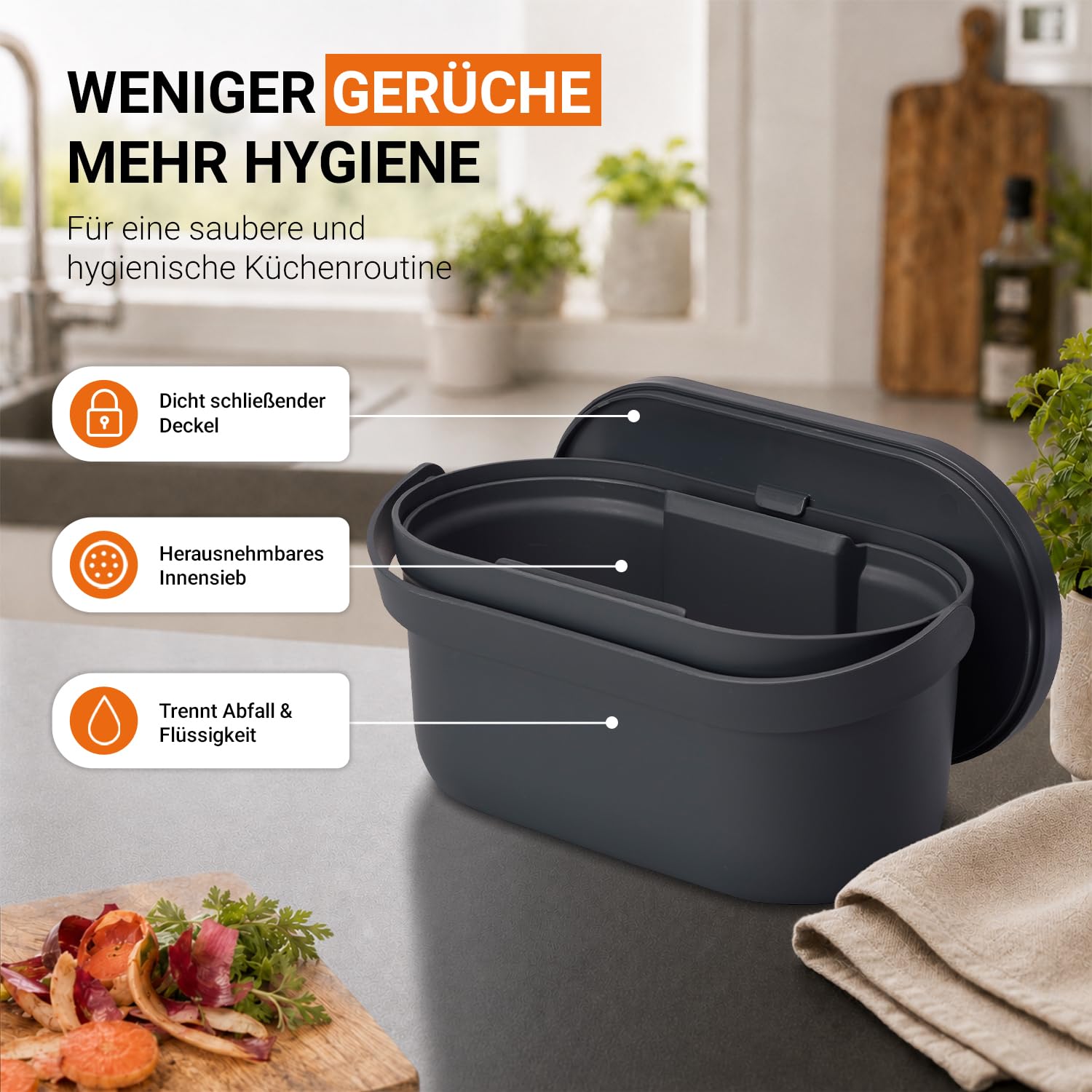 Garantia NOVA Biomülleimer Küche 5L Graphite Grey - Geruchsdichter Komposteimer für Küchenabfälle - Kleiner Biomüll Behälter Spülmaschinenfest & Innensieb - Qualität aus Deutschland