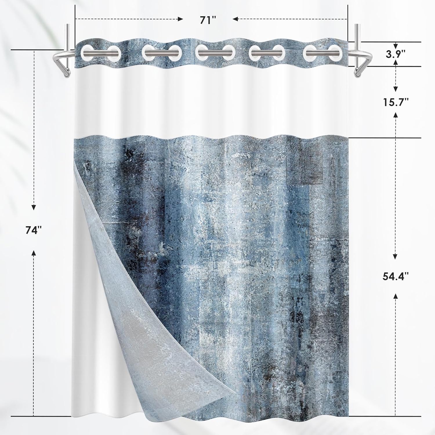No Hook Grey Navy Blue Painting Shower Curtain with Snap in Fabric Liner Set, Abstract Double Layers Waterproof Fabric with See Through Top Window Open Grommet Bath Curtain 71x74 Inch