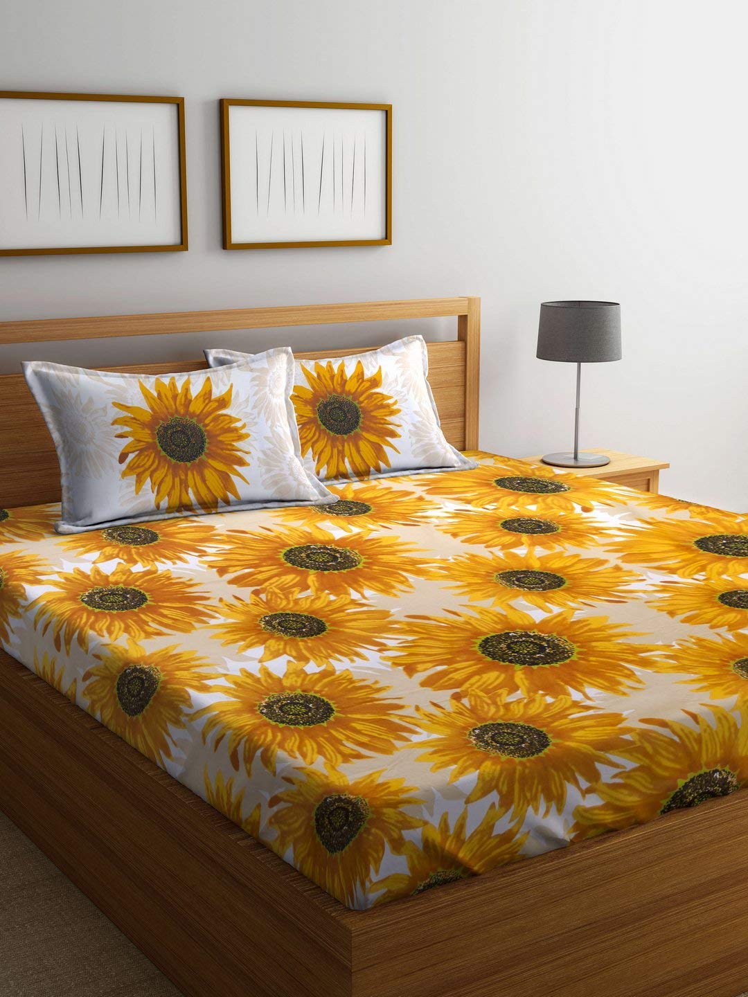 MafatlalDouble/Full Size, Cotton,Floral Pattern, Yellow - Sheet & Pillowcase Sets