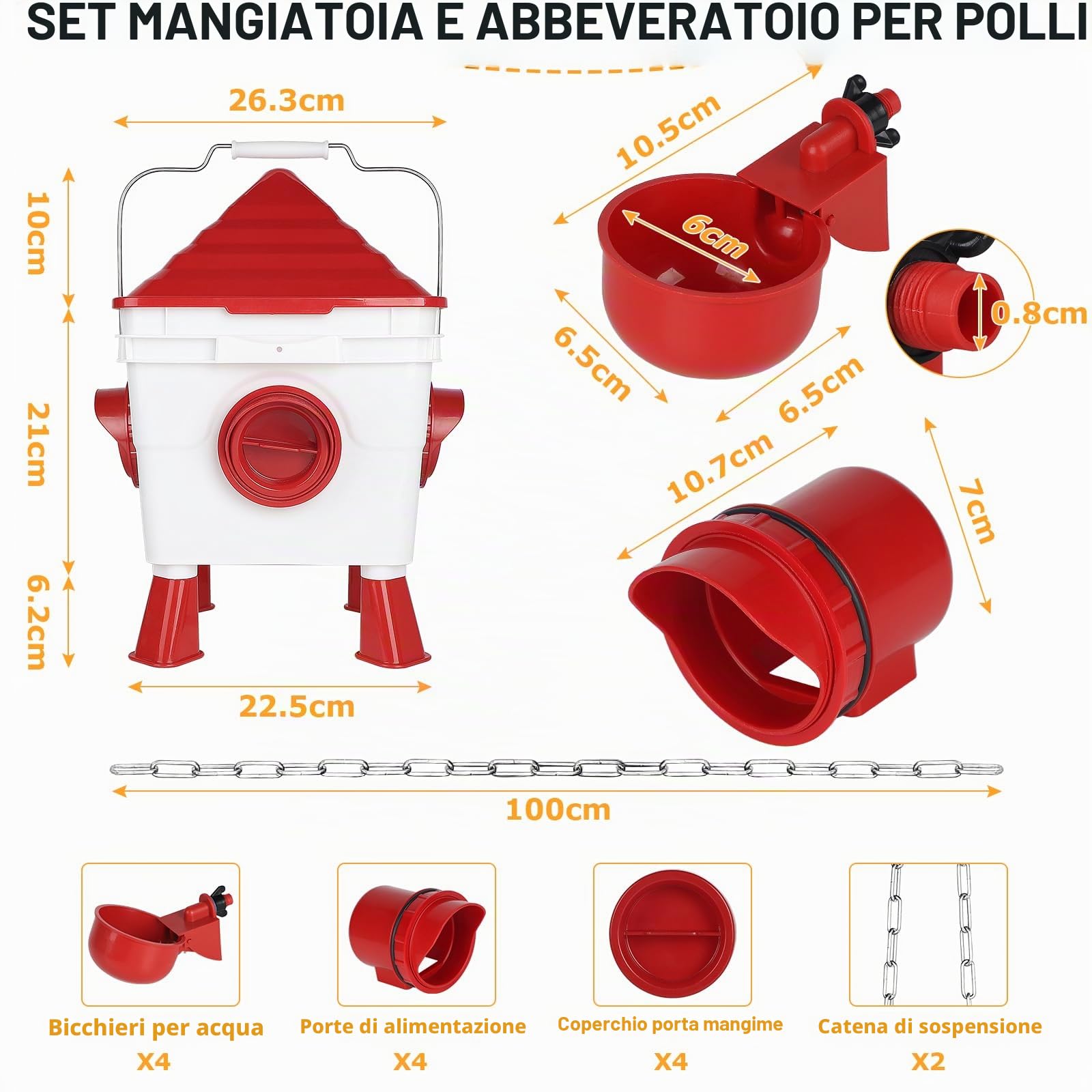 EFUTURETIME Abbeveratoio per Galline Capacità di 7L, Mangiatoia per Galline Capacità di 8KG, Antitopo Mangiatoia Galline Automatica con Catene in Acciaio