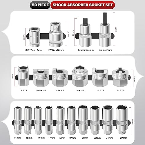 Miniatura 4 de BILITOOLS Juego de llaves de tuerca de amortiguador, 50 piezas, soporte de suspensión maestro, extracción de tuercas de montaje superior,