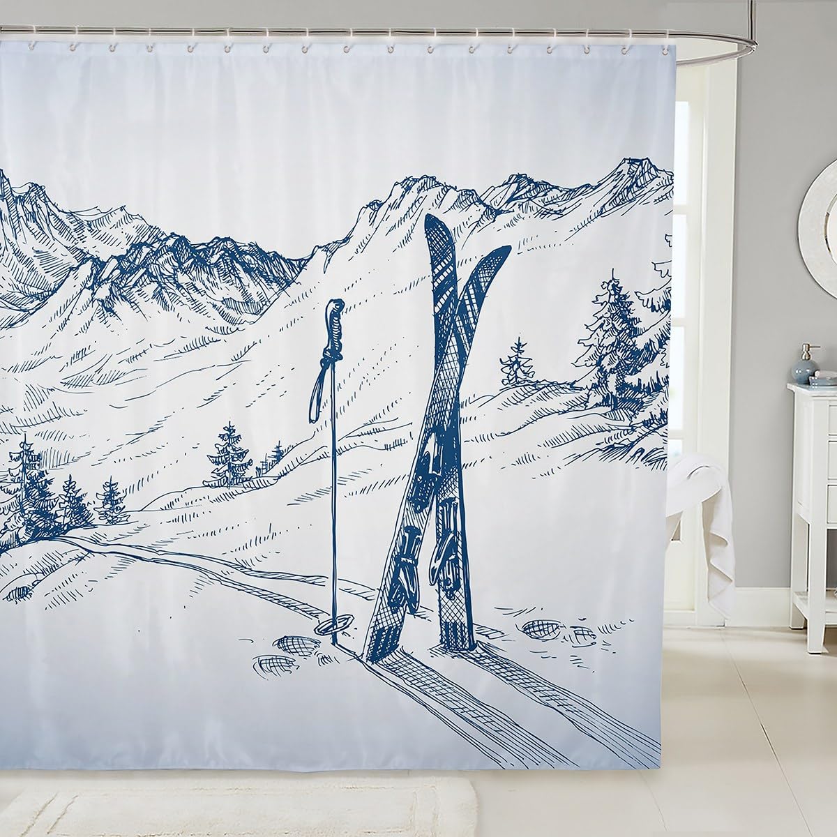 Homewish Skiing Kids Shower Curtains,Winter Outdoor Sports Bathroom Curtains for Boys Girls Adults,Mountains American Extreme Sports Modern Fashion