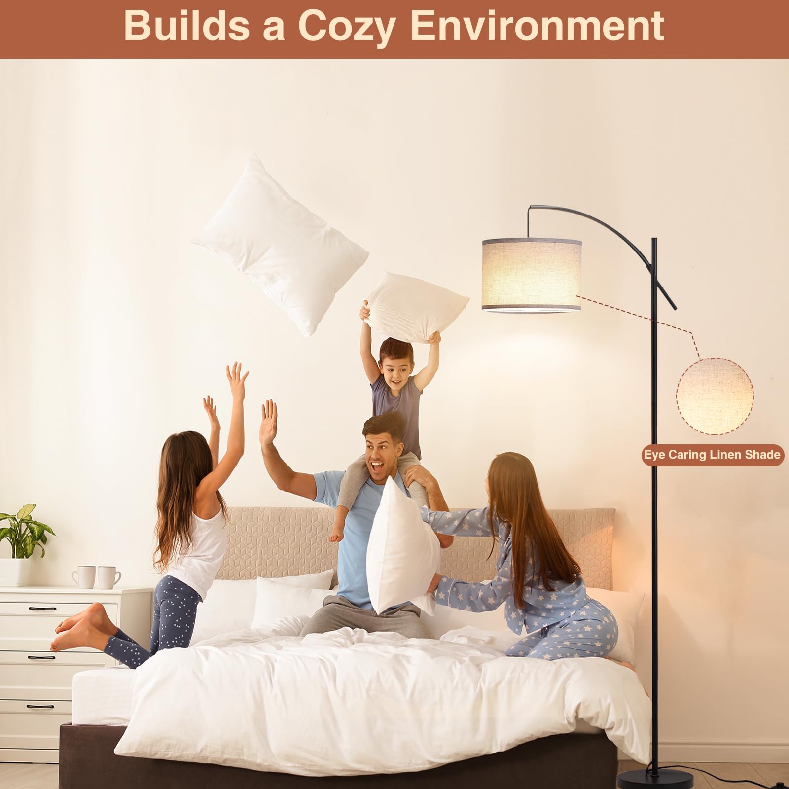 FIMEI Lampada da Terra a Arco Soggiorno, Altezza 187cm, LED Dimmerabile con Temperatura Colore Regolabile, Lampada Alta con Paralume a Tamburo & Telecomando, 9W LED per Lettura, Camera, Ufficio