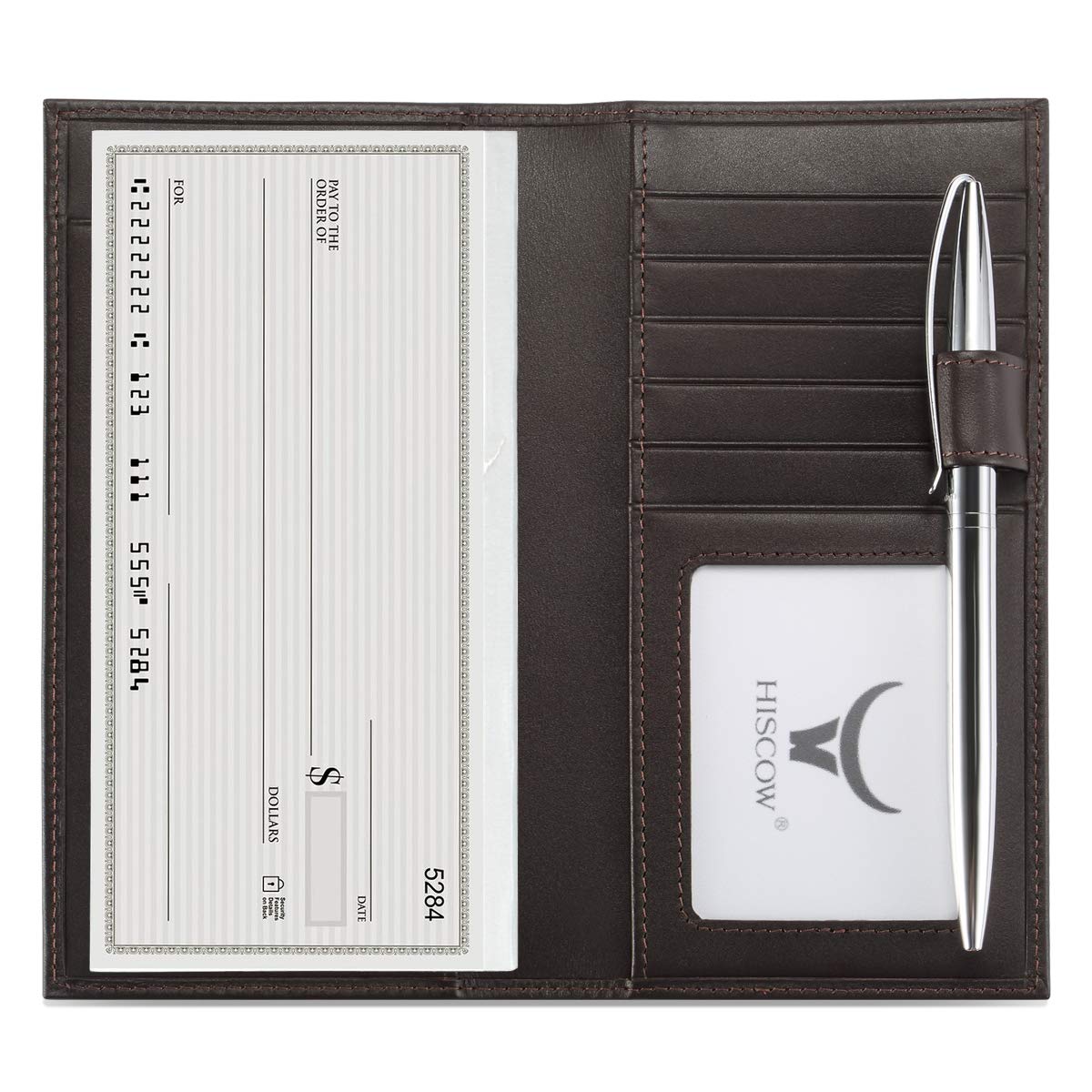 HISCOW Leather Checkbook Cover with Card Slots &amp; Pen Holder, Coffee