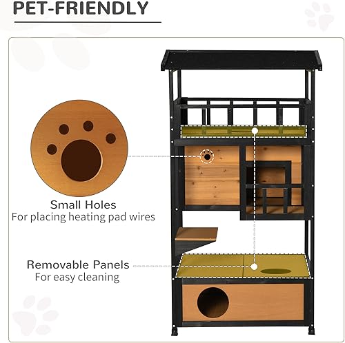Miniatura 6 de PawHut Casa de madera para gatos para exteriores, árbol de gatitos con techo de asfalto, puertas de escape, condominio, plataforma de salto, amarillo