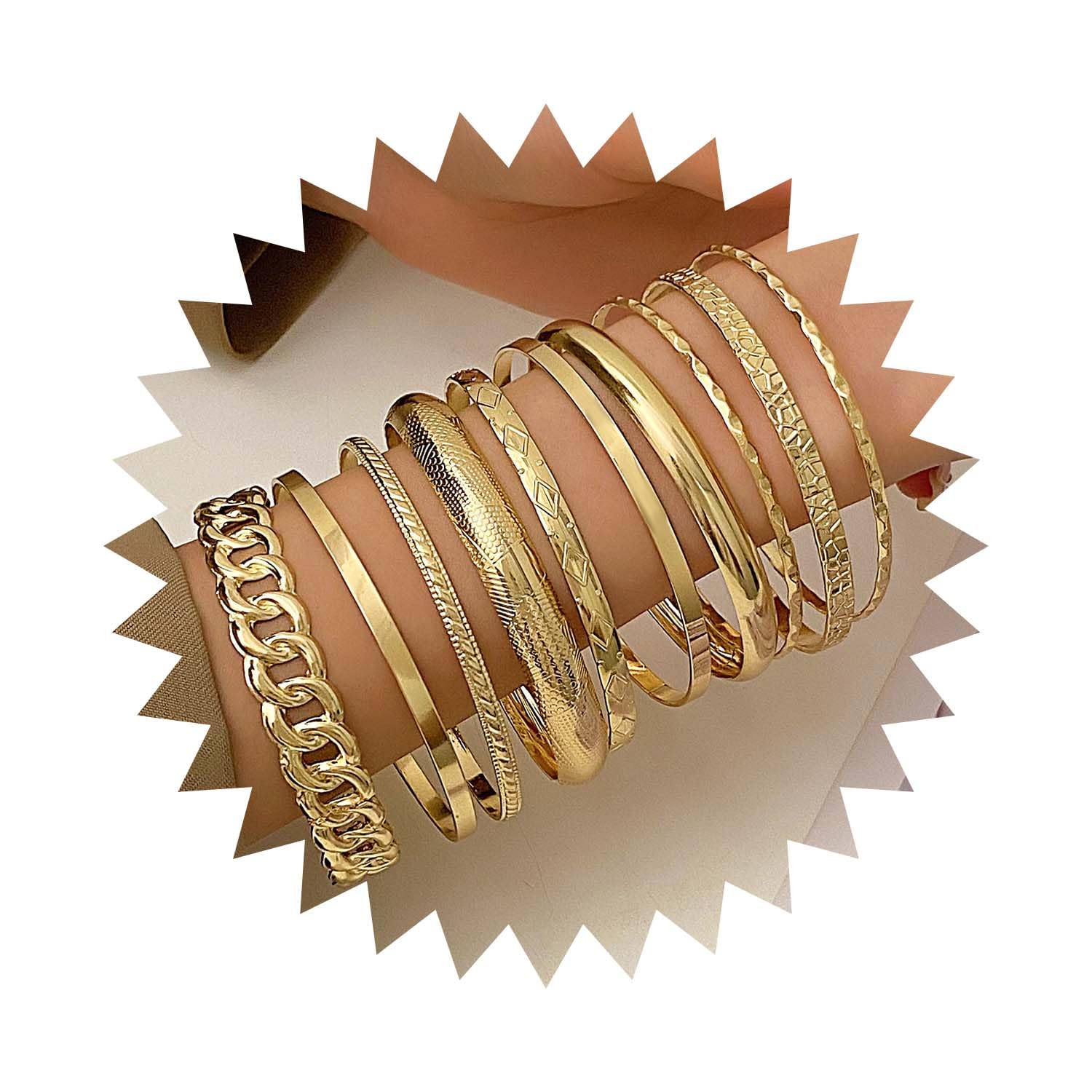 Gold Bangle Bracelet Set for Women Multi Stacking Wide Bangles Indian Bollywood Chunky Bangle Bracelets Ethnic Glossy Textured Twist Bracelets Collection Wedding Outfit Jewelry (10Pcs)