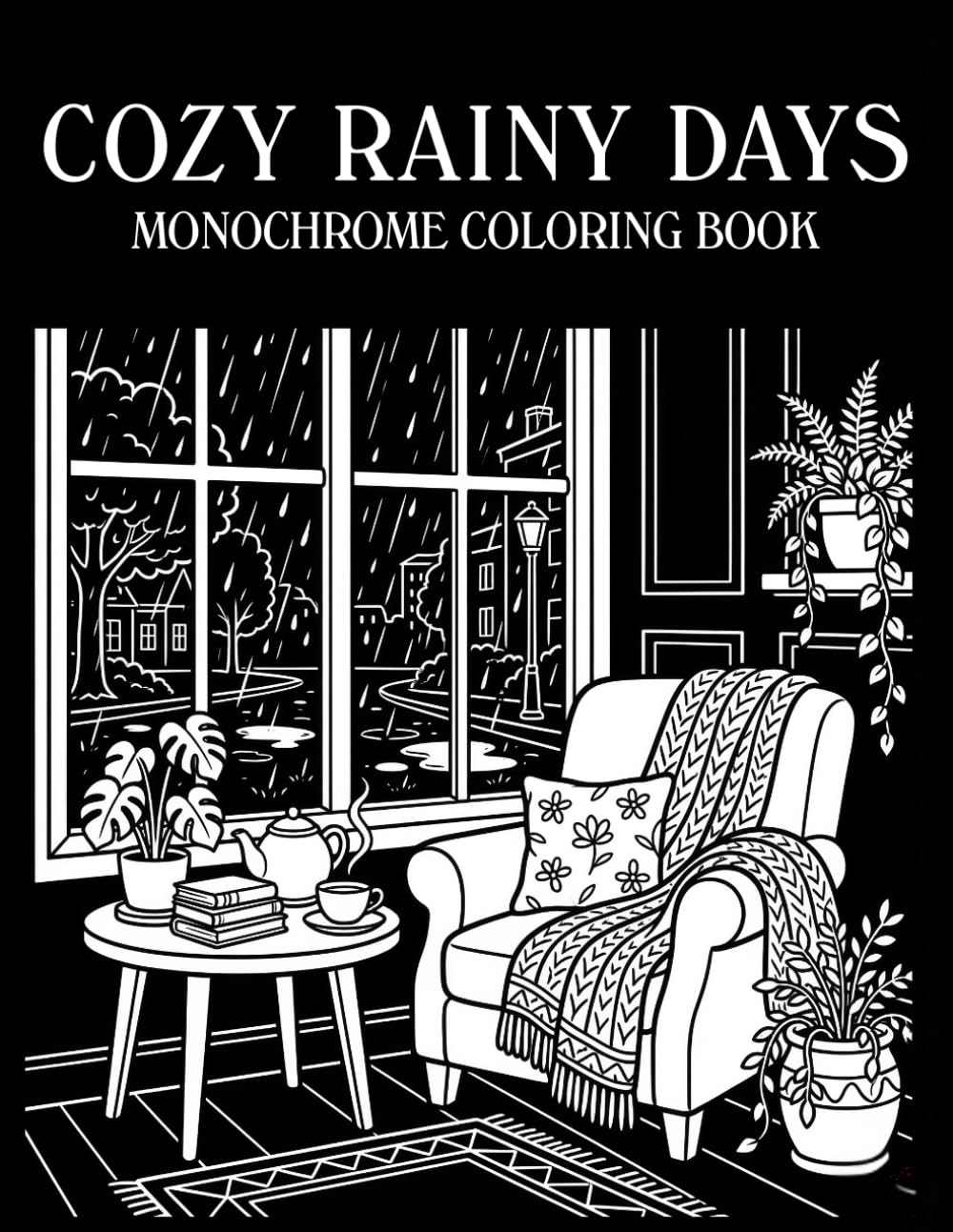 Cozy Rainy Days Monochrome Coloring Book: 40 Relaxing High Contrast Coloring Pages for Adults, Cozy Rain Scenes, Peaceful Interiors & Calm Moments