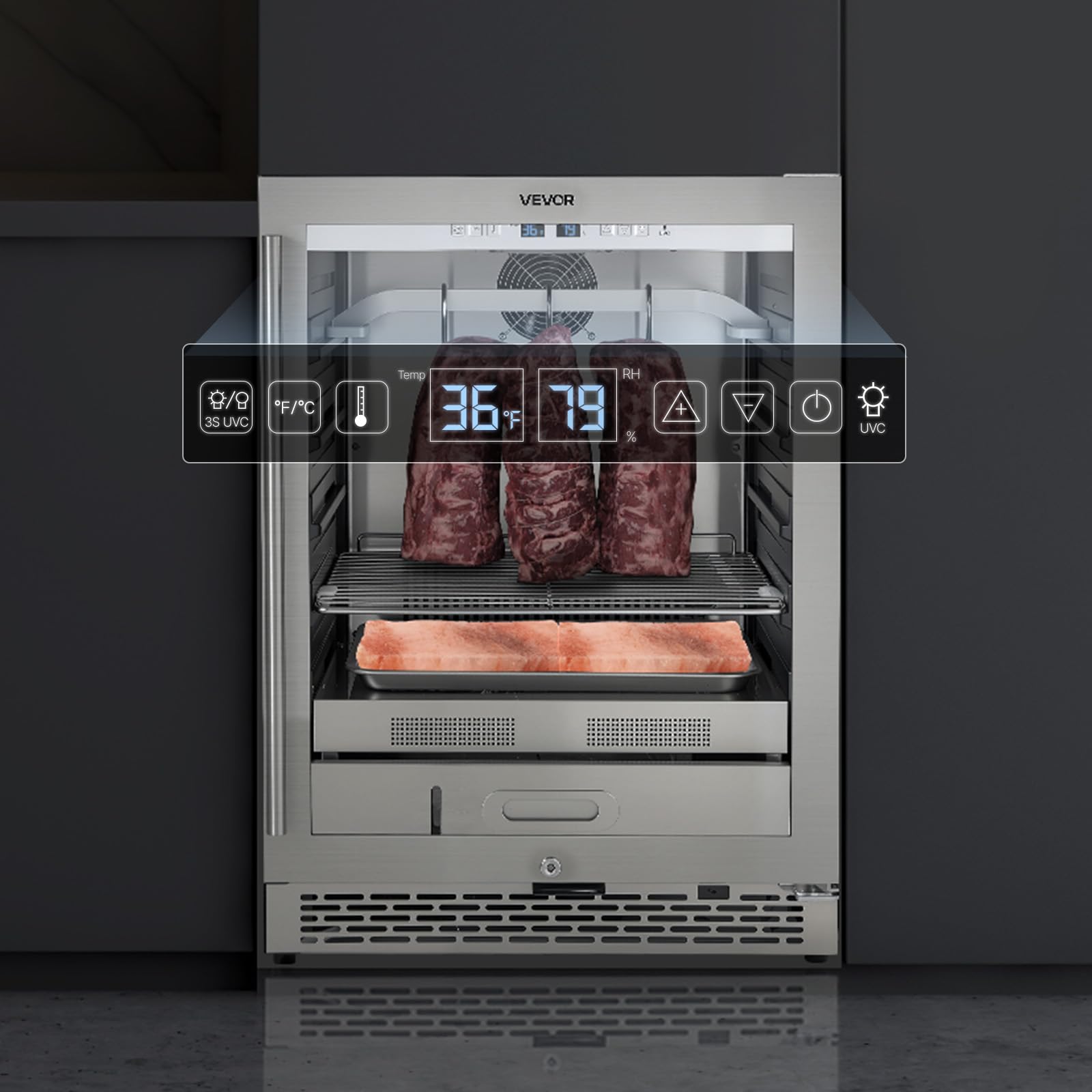 VEVOR Armadio per Stagionatura della Carne da 45 kg, Armadietto per Essiccazione della Carne con Controllo Preciso della Temperatura e dell'Umidità, Macchina per Stagionatura della Bovina per Cucina