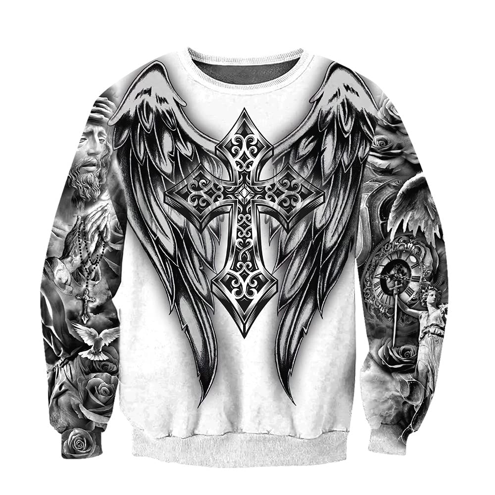 Fallen Black Wing Tattoo Men's Hoodie, 3D Printing Cross Casual Sweatshirt Long Sleeve Oversized Pullover Harajuku Street Jacket