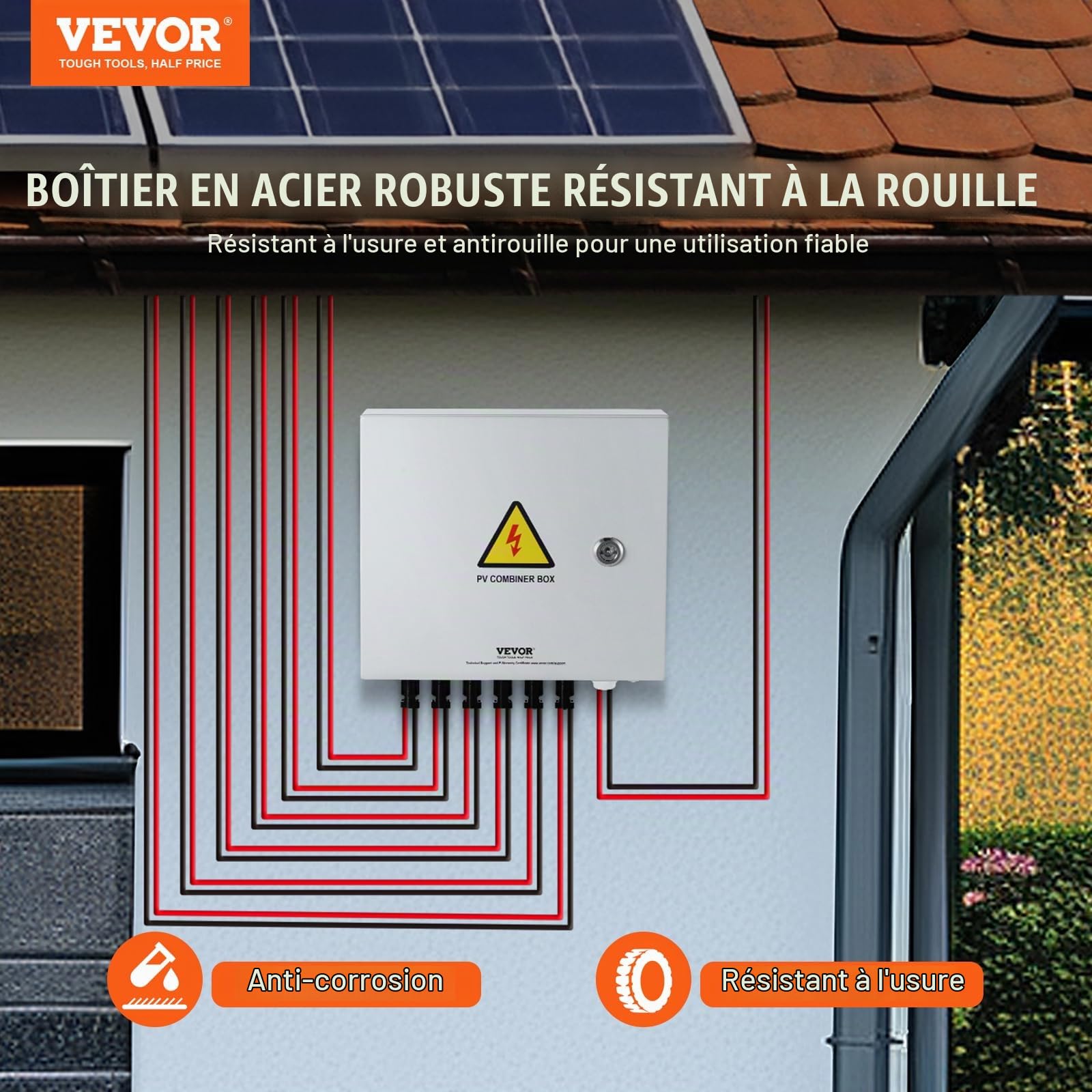 VEVOR Boîte de combinaison PV, 6 chaînes, boîte de combinaison solaire avec fusible de courant nominal 10 A, disjoncteur 63 A parafoudre, en acier pour système de panneaux solaires marche/arrêt, IP65