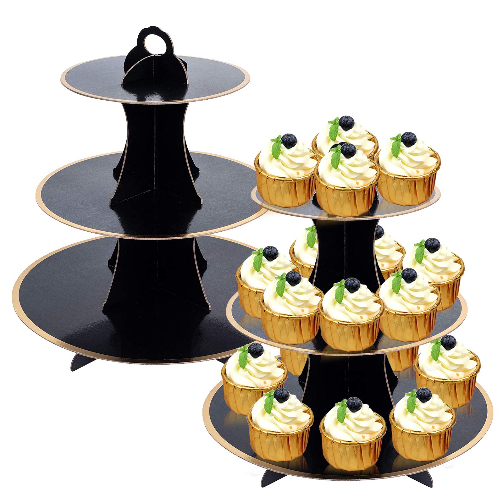 2 Pcs 3-Tier Cupcake Holder Cardboard Cupcake Stand for Bithday Wedding Party (Black)