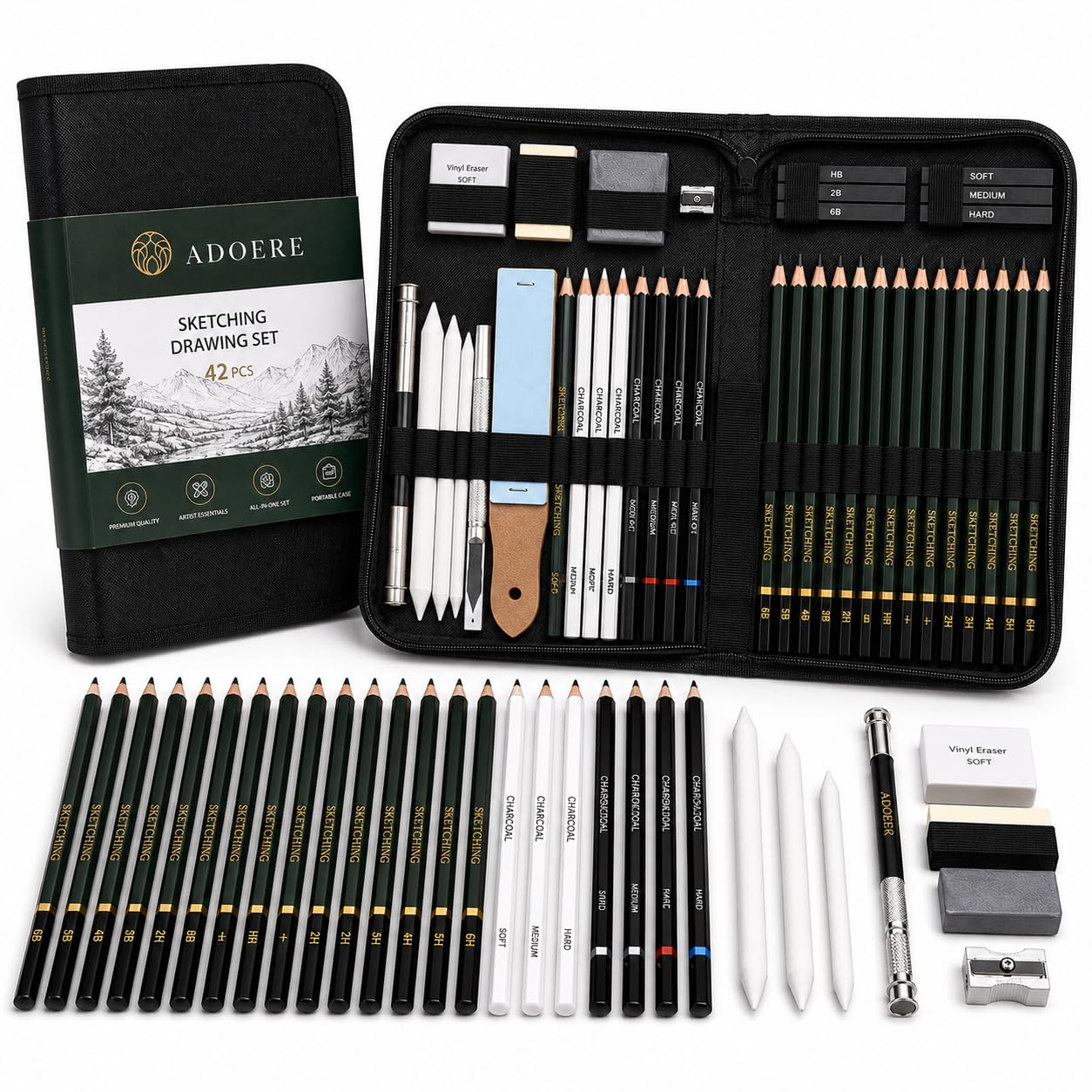 ADOERE 42 Pcs Sketching and Drawing Professional Art Tool Kit with Zippered Carry Case – Complete Artist Pencil Set for Shading, Sketching, Drawing – Ideal for Beginners & Professionals-image-2